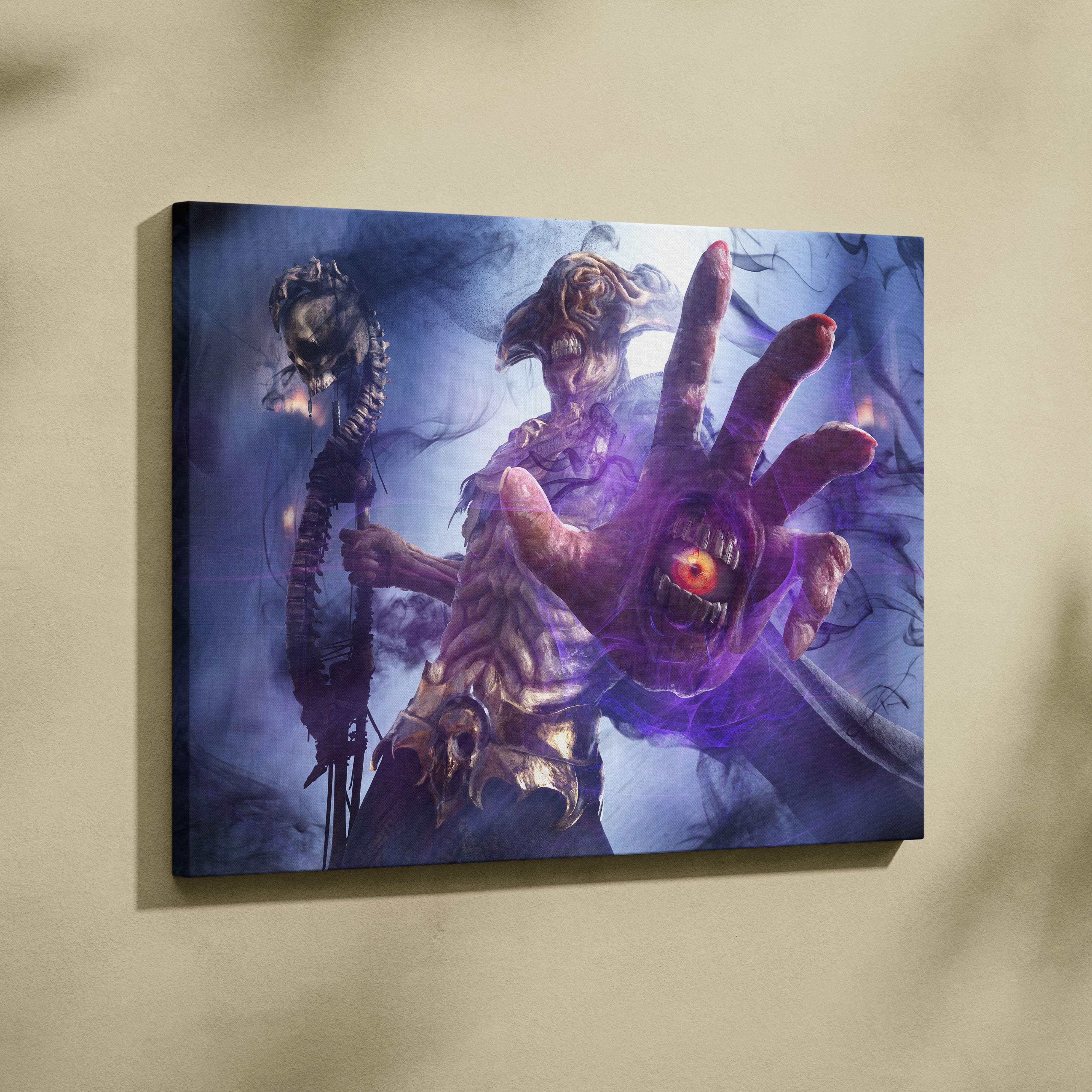 Dark sorcerer horror canvas art featuring a purple and black skeletal hand with an orange glowing eye on a gothic fantasy background