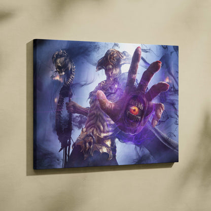 Dark sorcerer horror canvas art featuring a purple and black skeletal hand with an orange glowing eye on a gothic fantasy background