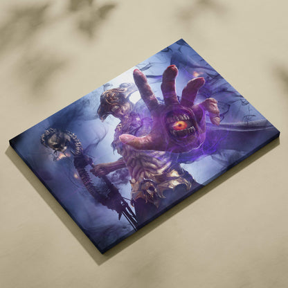 Dark sorcerer horror canvas art featuring a purple zombie with glowing orange eyes and skeletal hands reaching forward