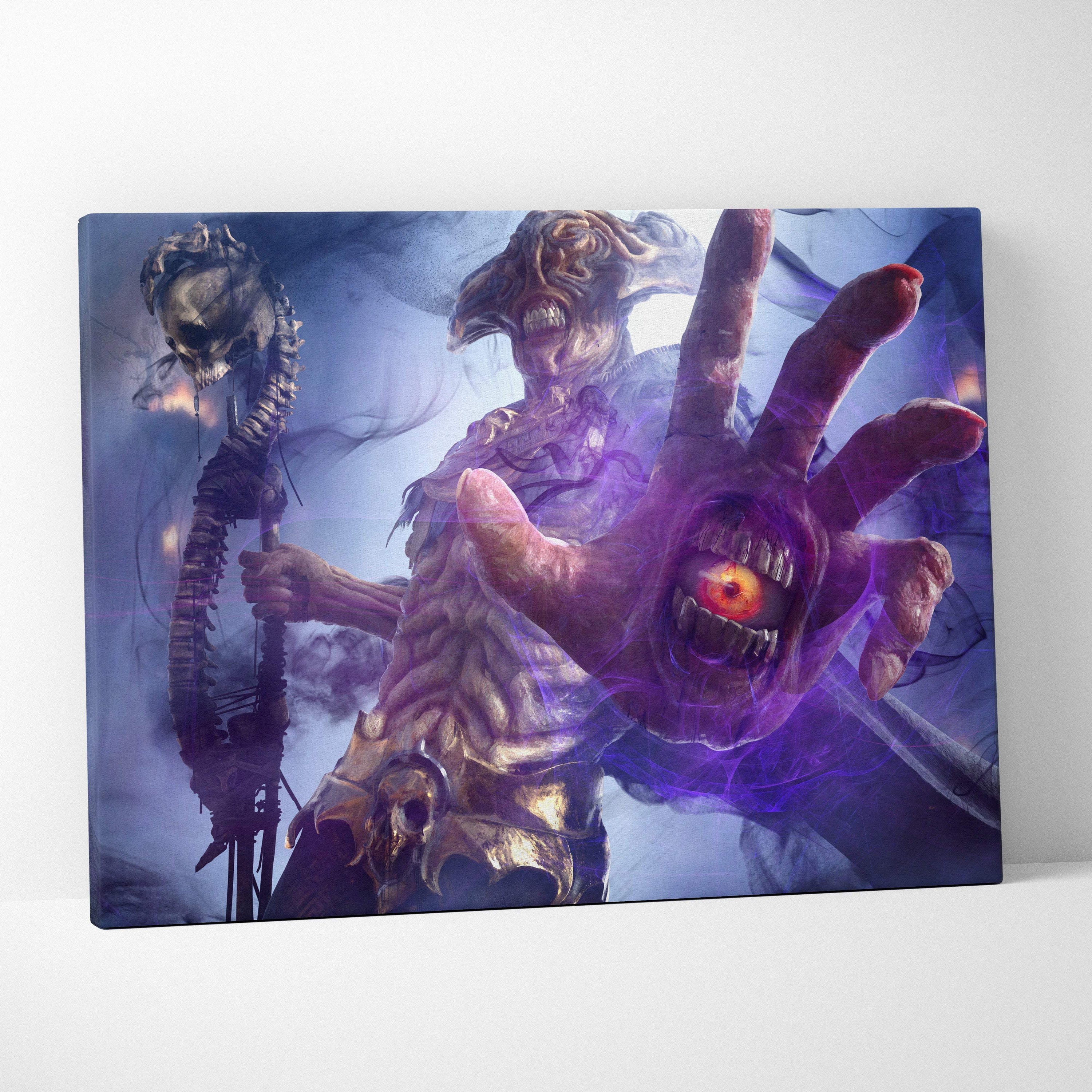 Dark sorcerer horror canvas art of a demonic creature with glowing orange eyes and purple energy hand in gothic style