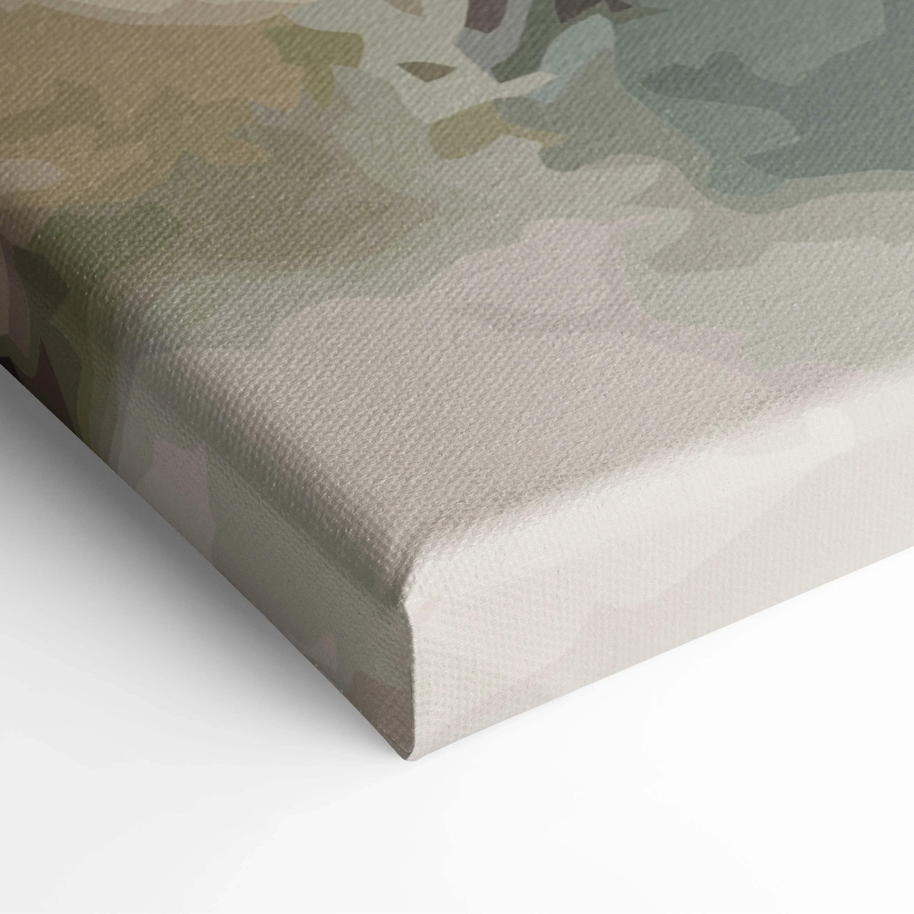Beige watercolor mountain canvas art with camo pattern, misty peaks, pines