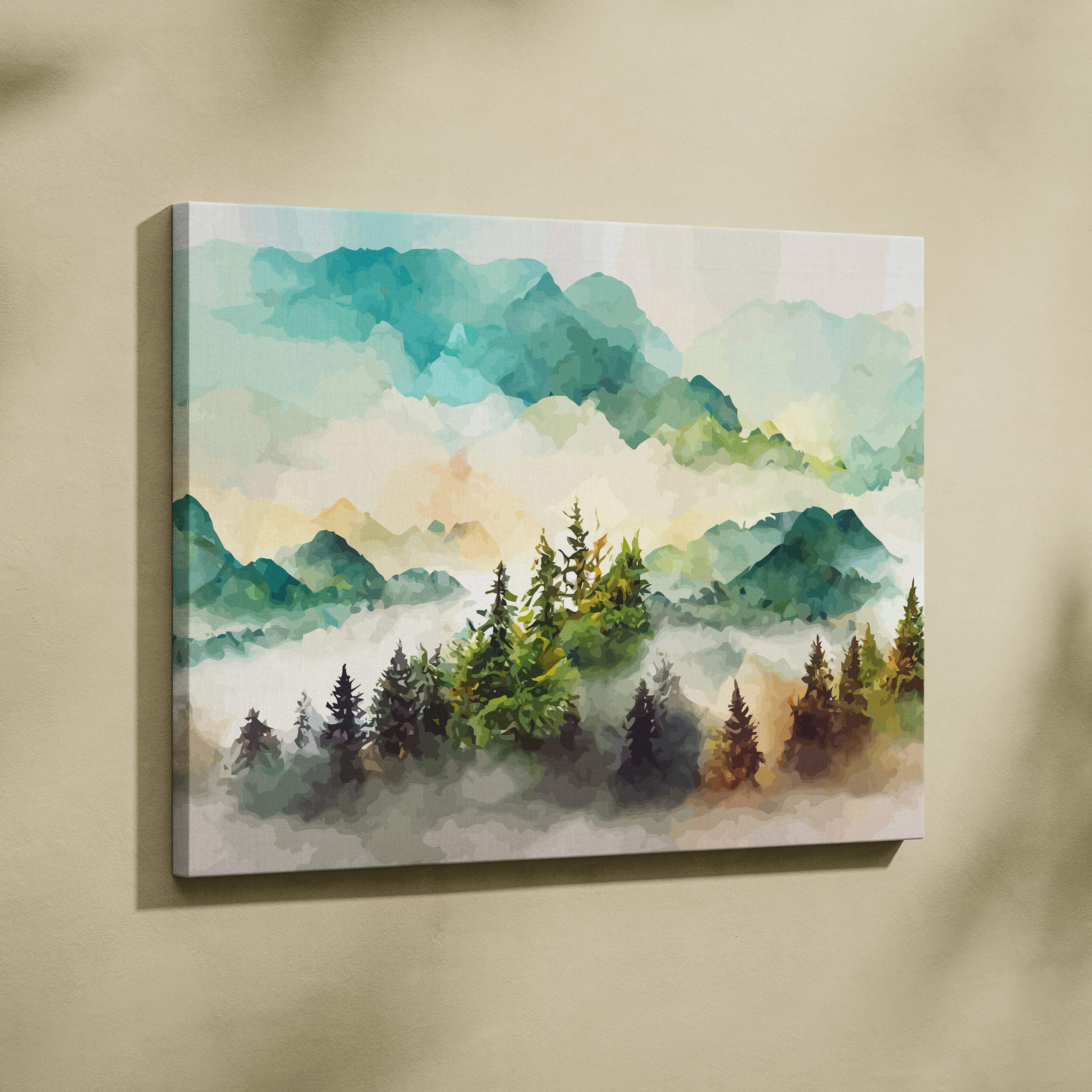 Watercolor mountain landscape canvas art with misty peaks, pine forest, sunrise tones