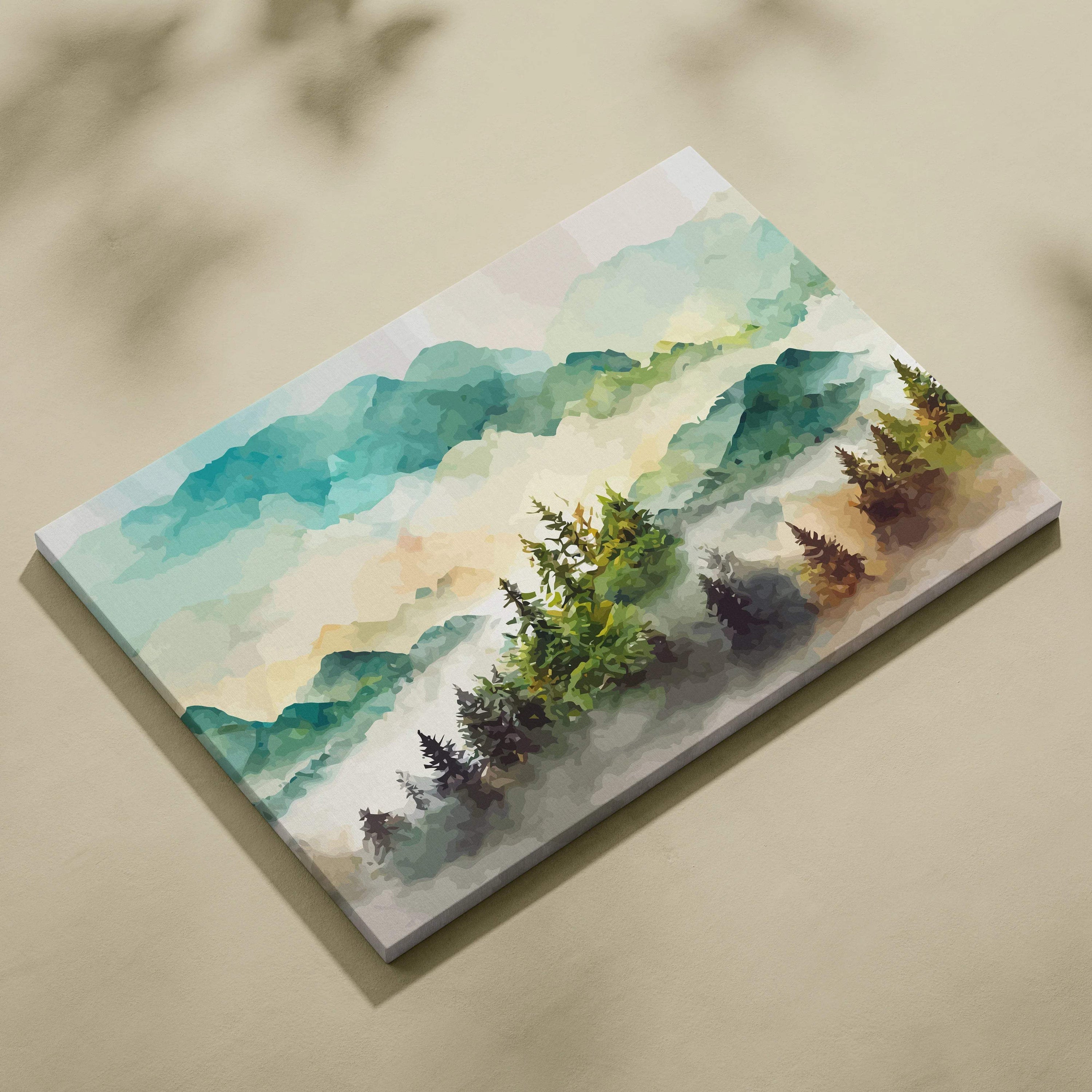 Watercolor mountain landscape canvas wall art with misty peaks, pine forest
