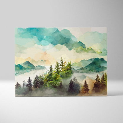 Watercolor mountain canvas with misty peaks, pine forest, sunrise tones