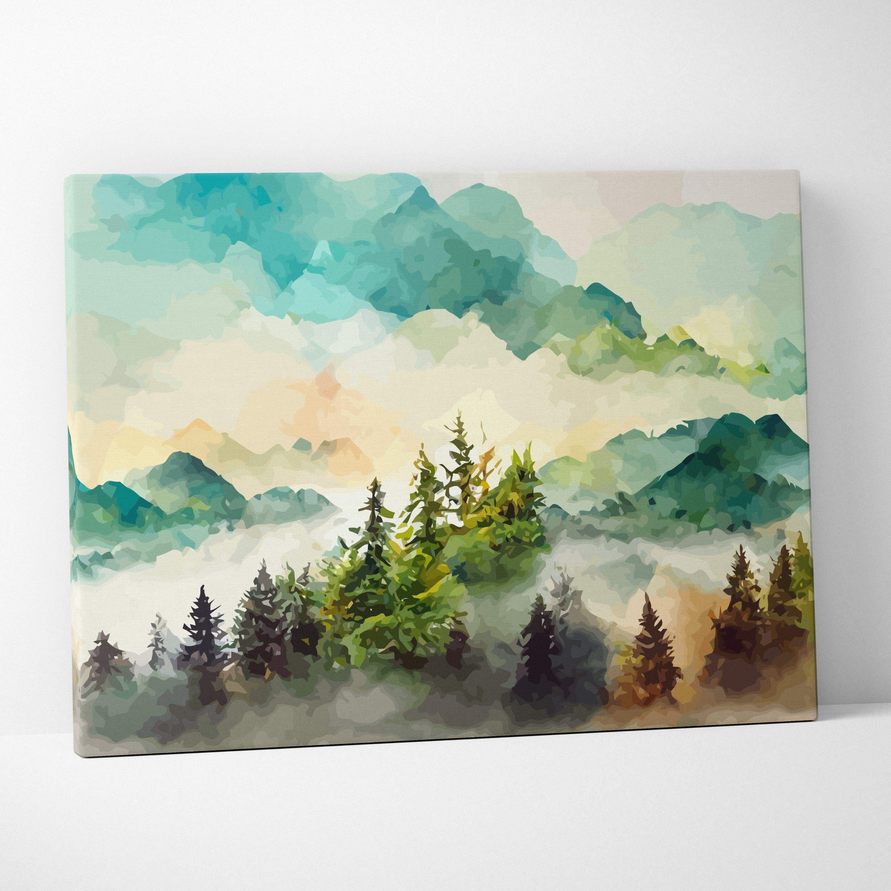 Watercolor mountain landscape canvas with misty peaks, pine forest, sunrise tones