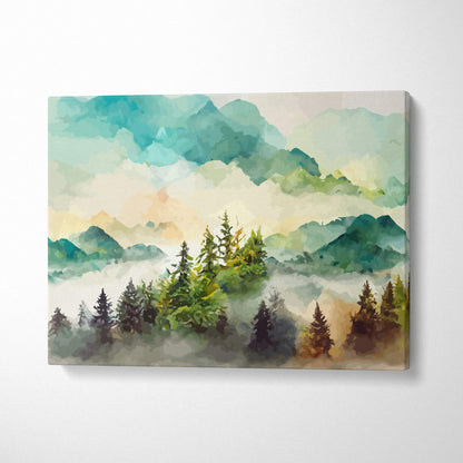 Watercolor mountain landscape canvas with misty peaks, pine forest, sunrise tones