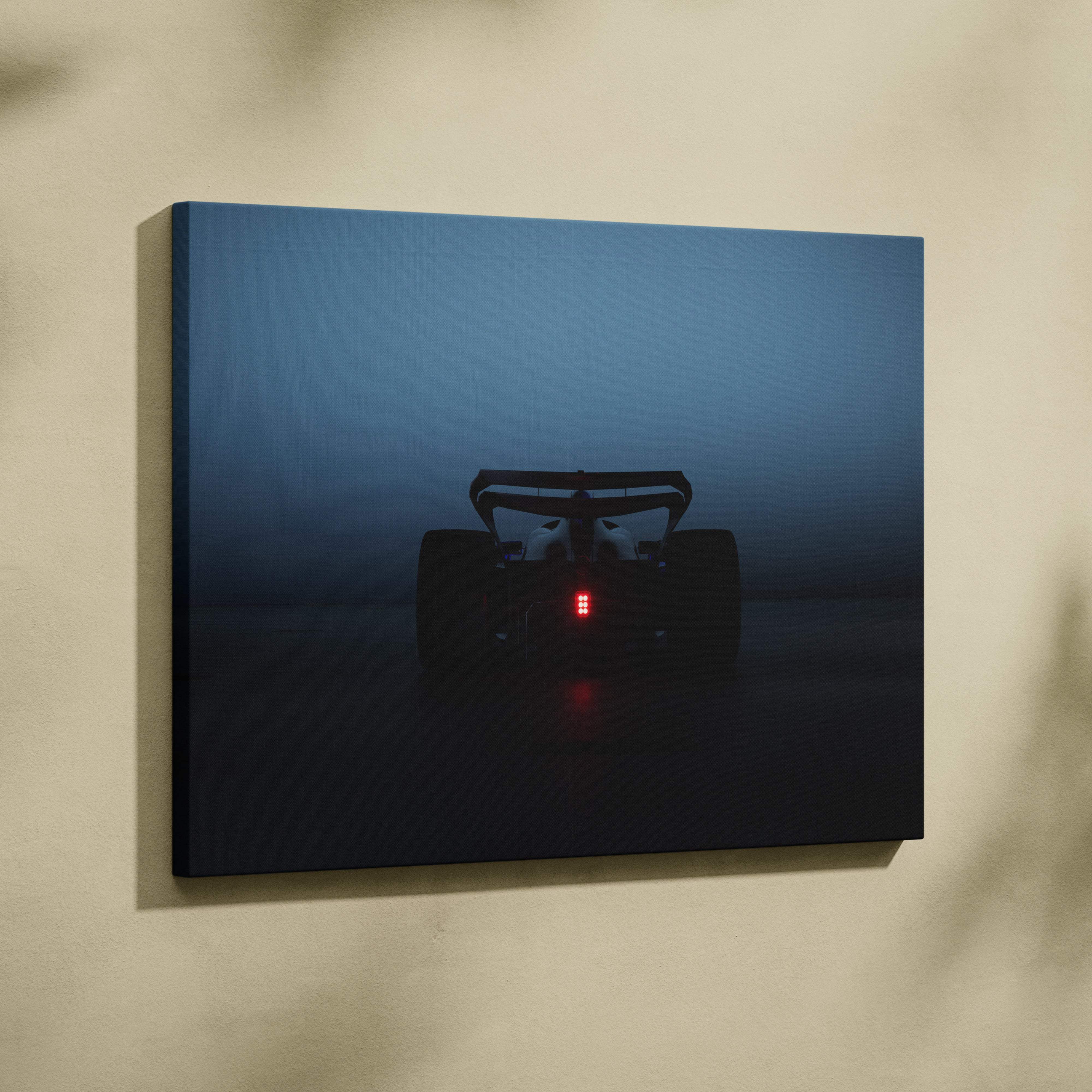 Dark formula race car canvas wall art print in sleek dark blue featuring a glowing silhouette for modern garages
