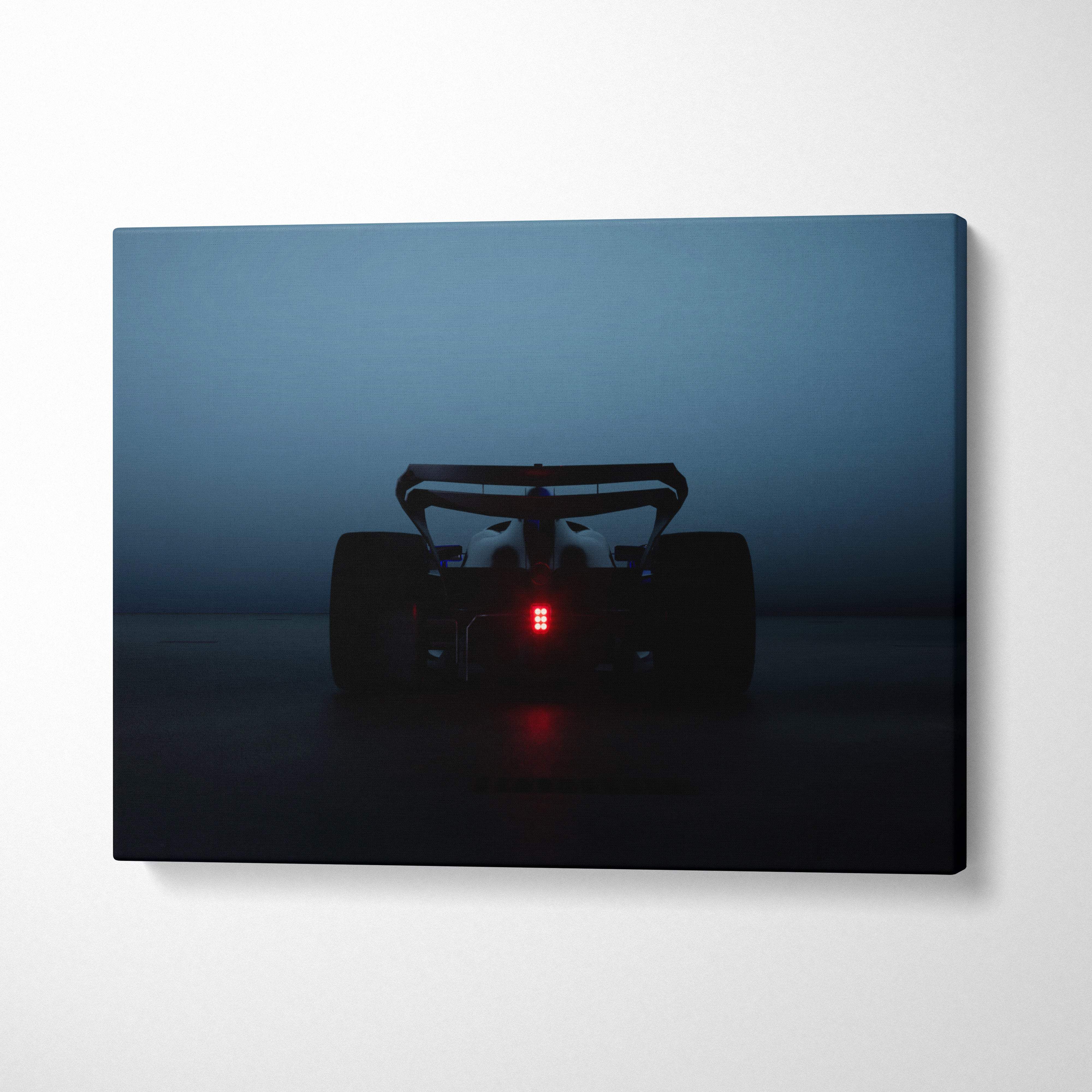 Black canvas print featuring a blue night silhouette of a race car with glowing red taillights for modern garage decor