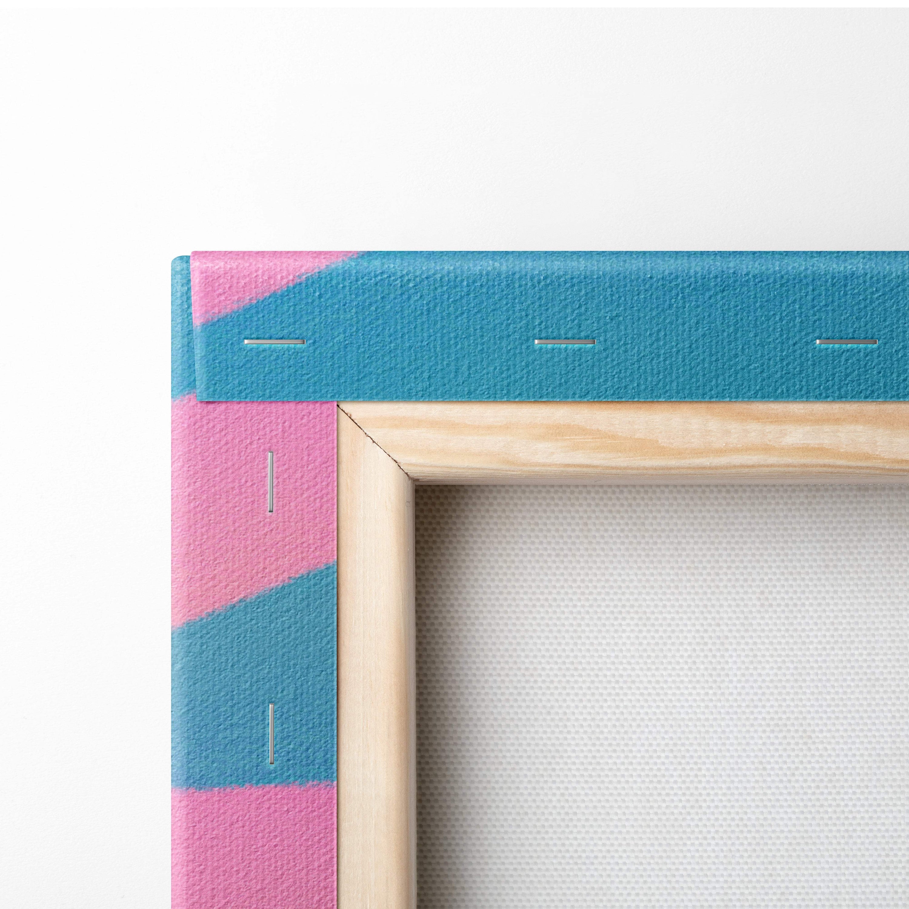 A wooden canvas frame with a textured teal and pink painted border for vaporwave pink ocean sunset wall decor