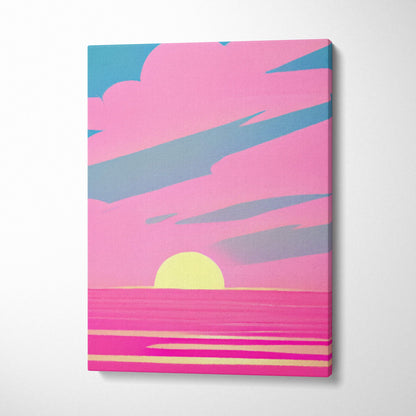 Vaporwave pink ocean sunset canvas art print with vibrant retro stylized sunset in pink teal yellow neon tones