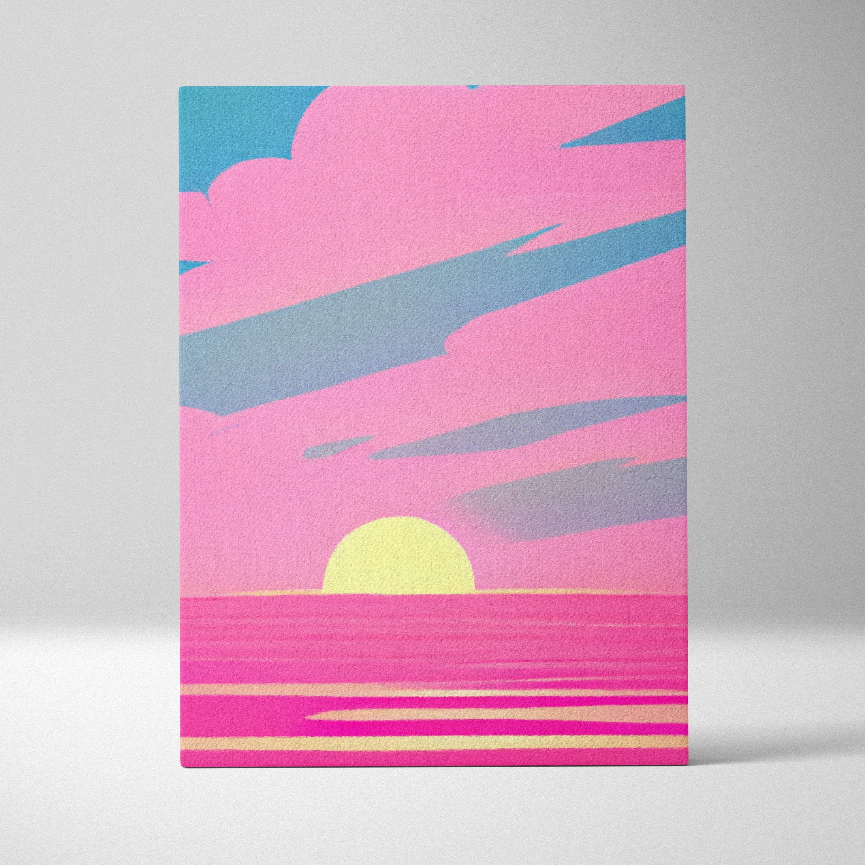 Vibrant pink and teal vaporwave canvas art print featuring a yellow sun over stylized ocean waves for wall decor