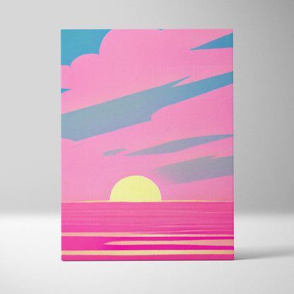 Vibrant pink and teal vaporwave canvas art print featuring a yellow sun over stylized ocean waves for wall decor