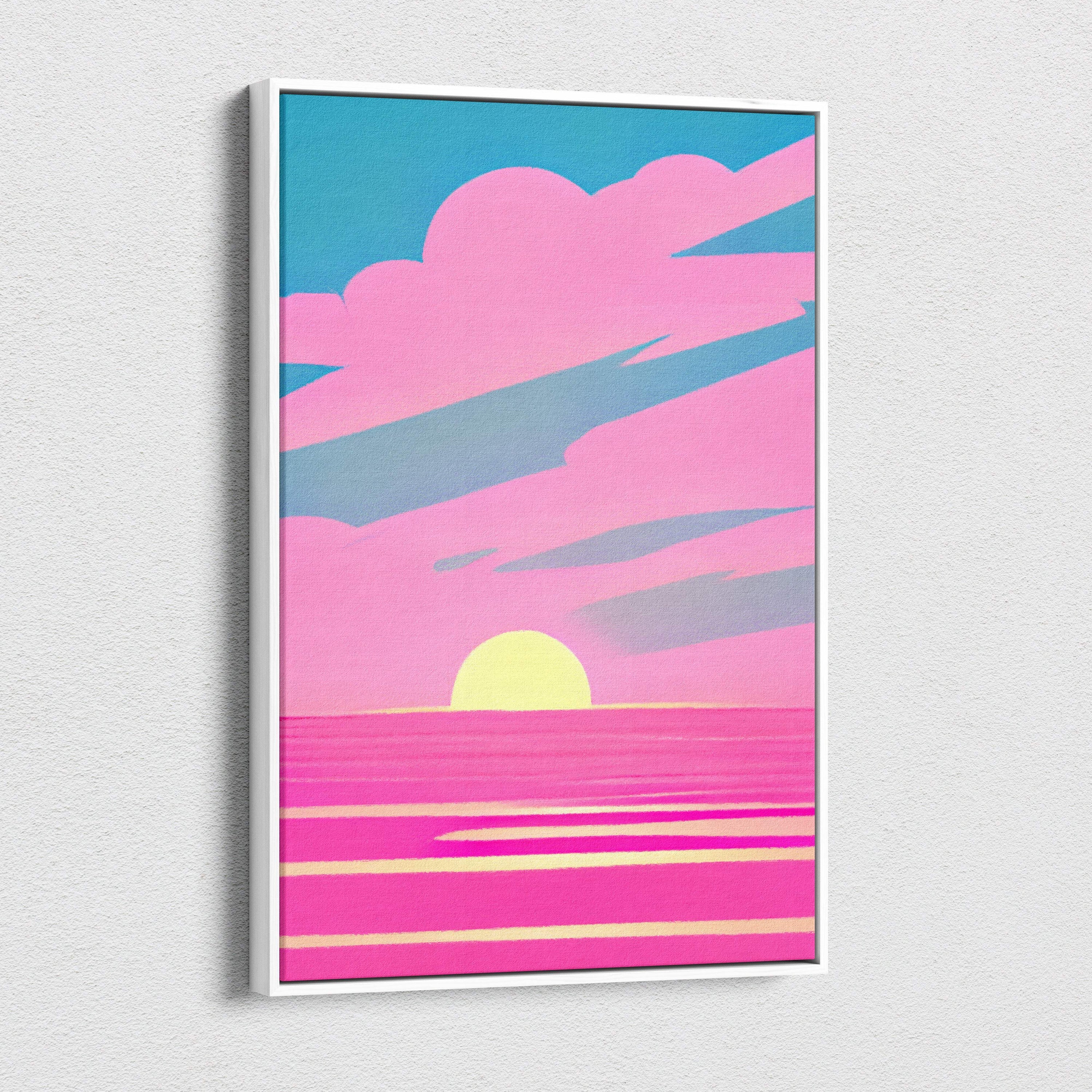 Vaporwave pink ocean sunset canvas art print featuring a vibrant retro pastel sky in pink teal and yellow neon tones framed in white
