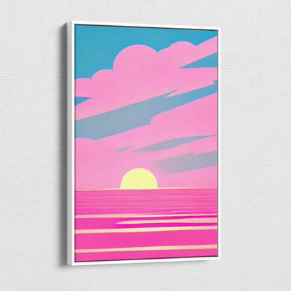 Vaporwave pink ocean sunset canvas art print featuring a vibrant retro pastel sky in pink teal and yellow neon tones framed in white