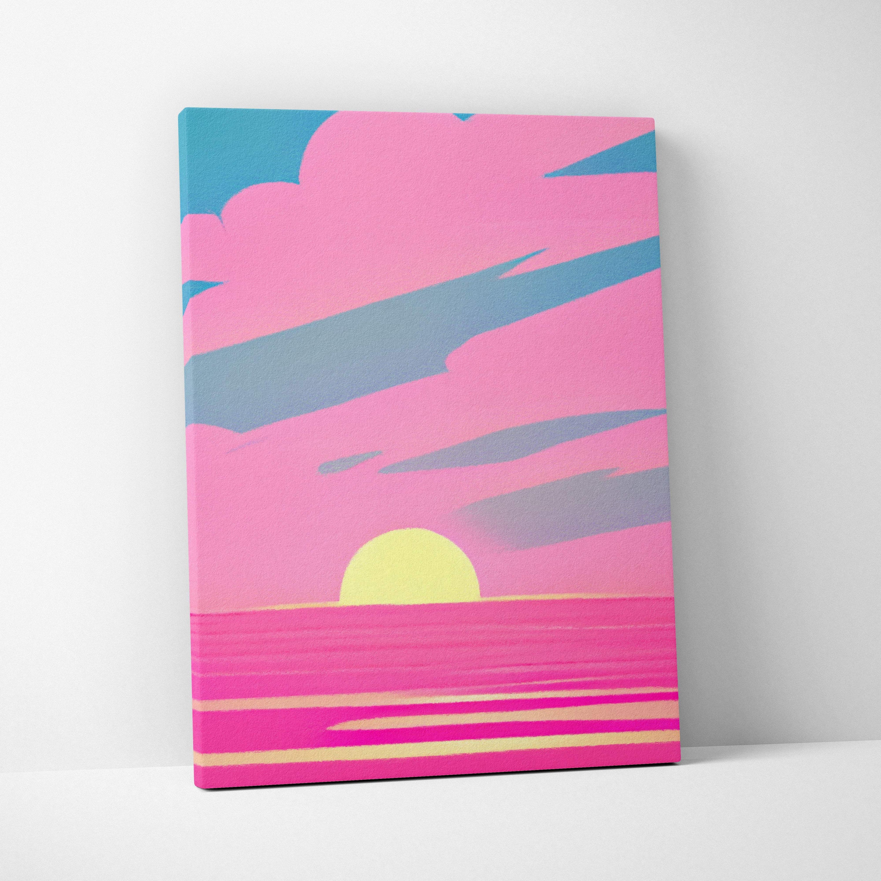Vaporwave pink ocean sunset canvas art print with a vibrant retro-style pink teal and yellow sunset over water