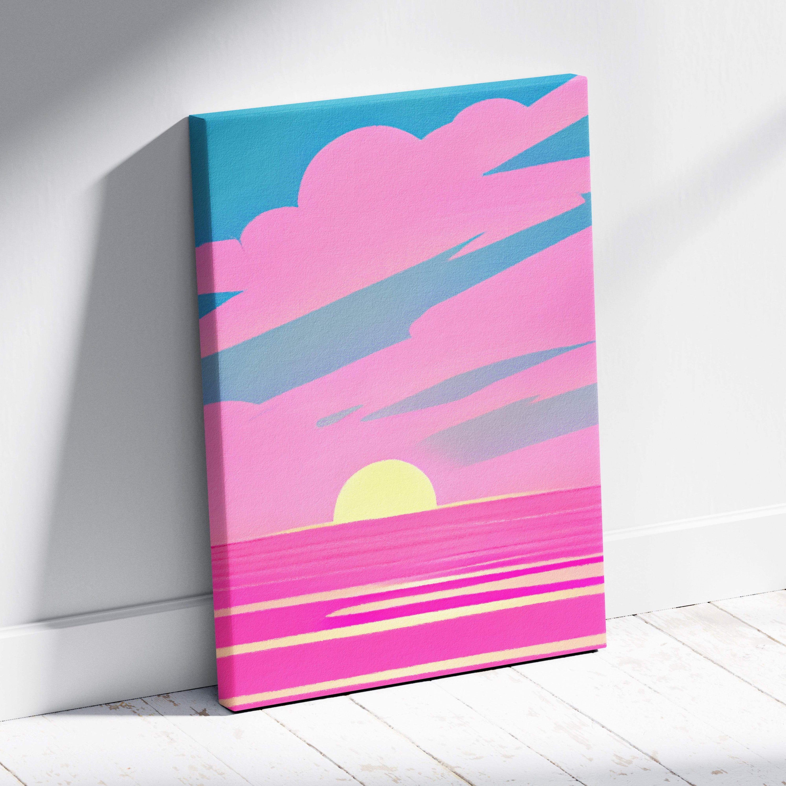 Vaporwave pink ocean sunset canvas art print with vibrant retro pastel sky and teal yellow neon stylized waves
