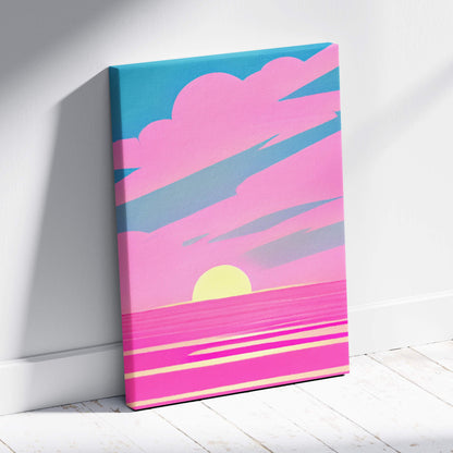 Vaporwave pink ocean sunset canvas art print with vibrant retro pastel sky and teal yellow neon stylized waves