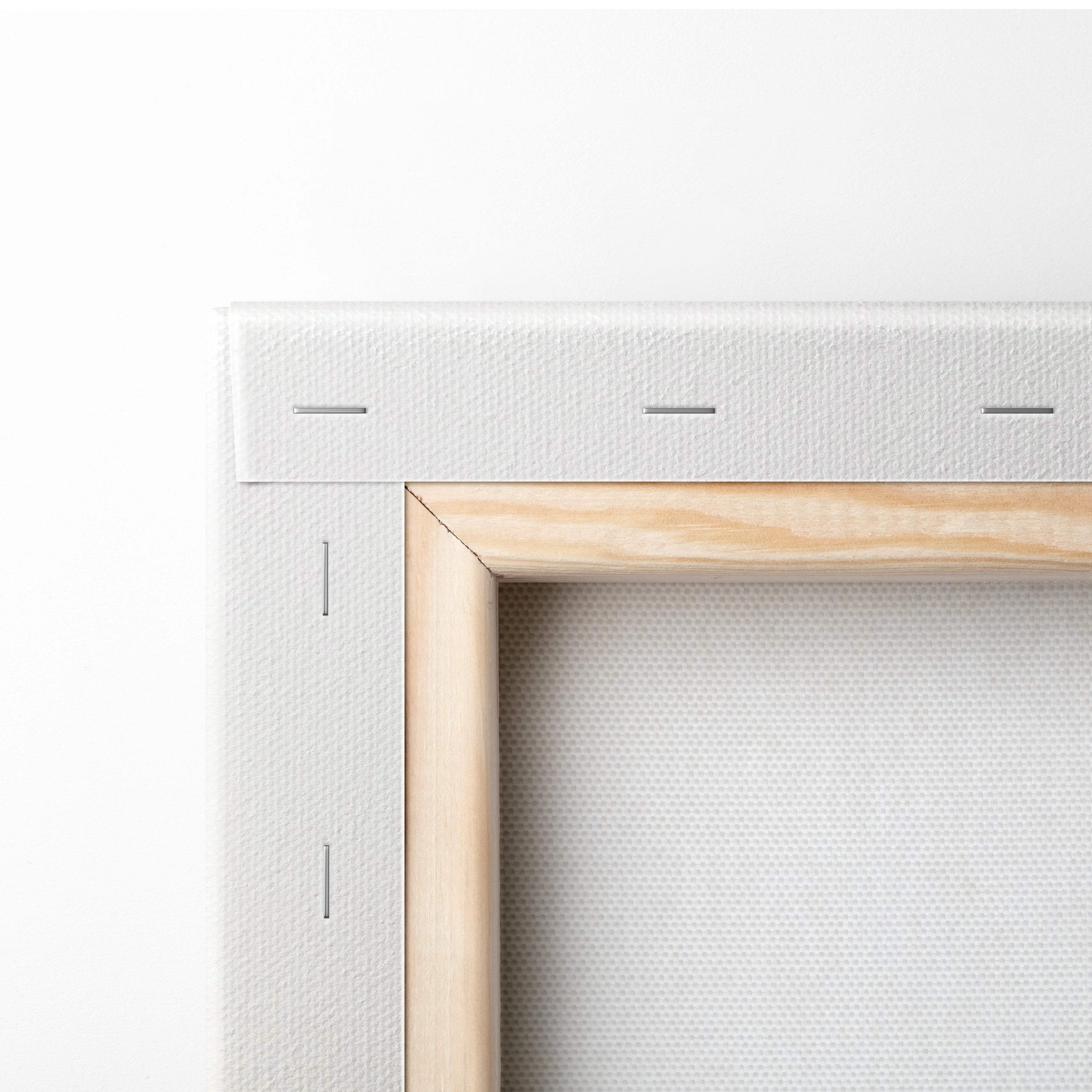 Light-colored wooden frame with white canvas backing and subtle stitching for contemporary minimal vase wall art