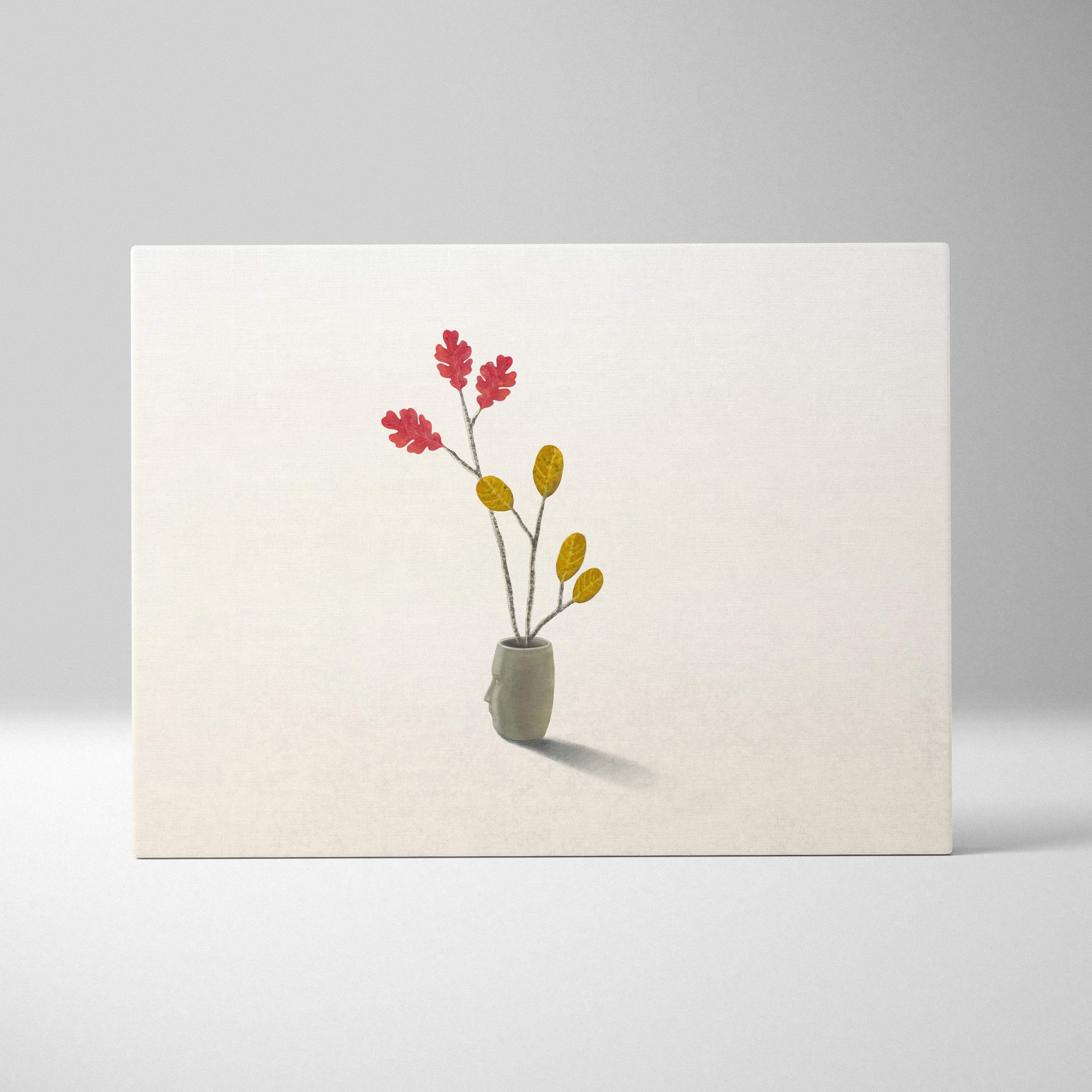 Contemporary minimal vase canvas wall art with gray ceramic vase and vibrant red and yellow leaf branches for bedroom decor