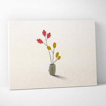 A contemporary minimalist canvas print of a gray ceramic vase with red and yellow leaf branches for bedroom decor
