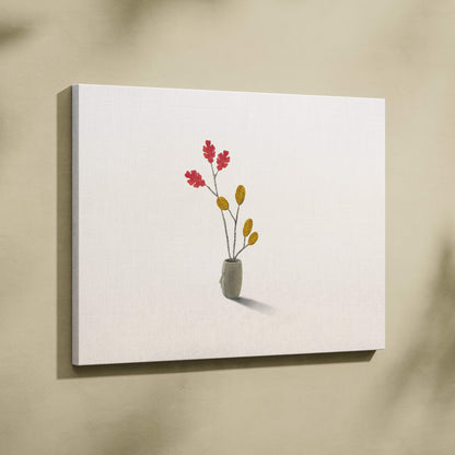 Minimalist canvas print featuring a gray ceramic vase with red and yellow leaf branches for modern bedroom decor