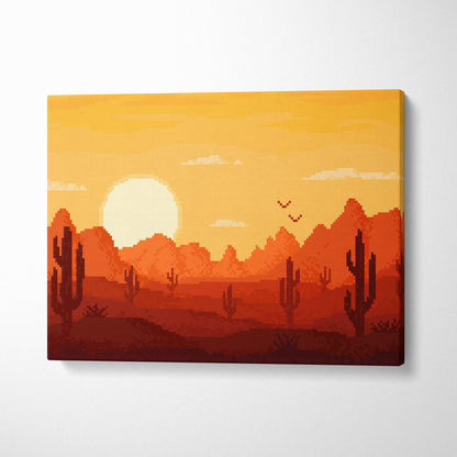 Desert sunset pixel art canvas print featuring orange and red hues with silhouetted cacti and southwestern landscape decor