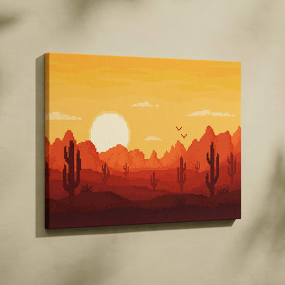 Desert sunset pixel art canvas print featuring vibrant orange and red cacti mountains and bright sun in retro style