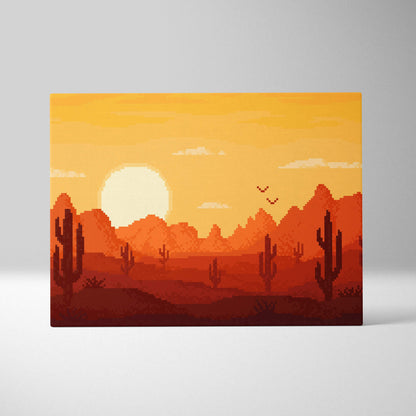 Desert sunset pixel art canvas print with orange and red hues featuring cactus silhouettes and warm southwestern landscape decor