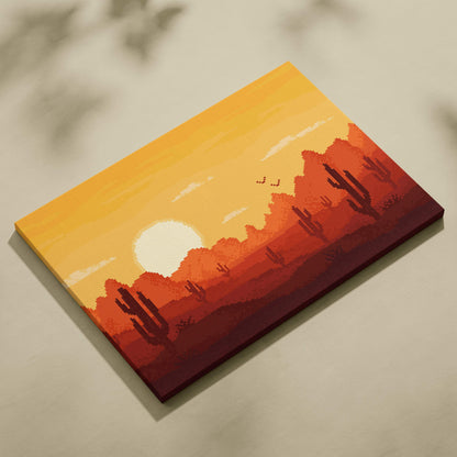 Desert sunset pixel art canvas print with orange and red hues cacti silhouettes and a white sun in retro style