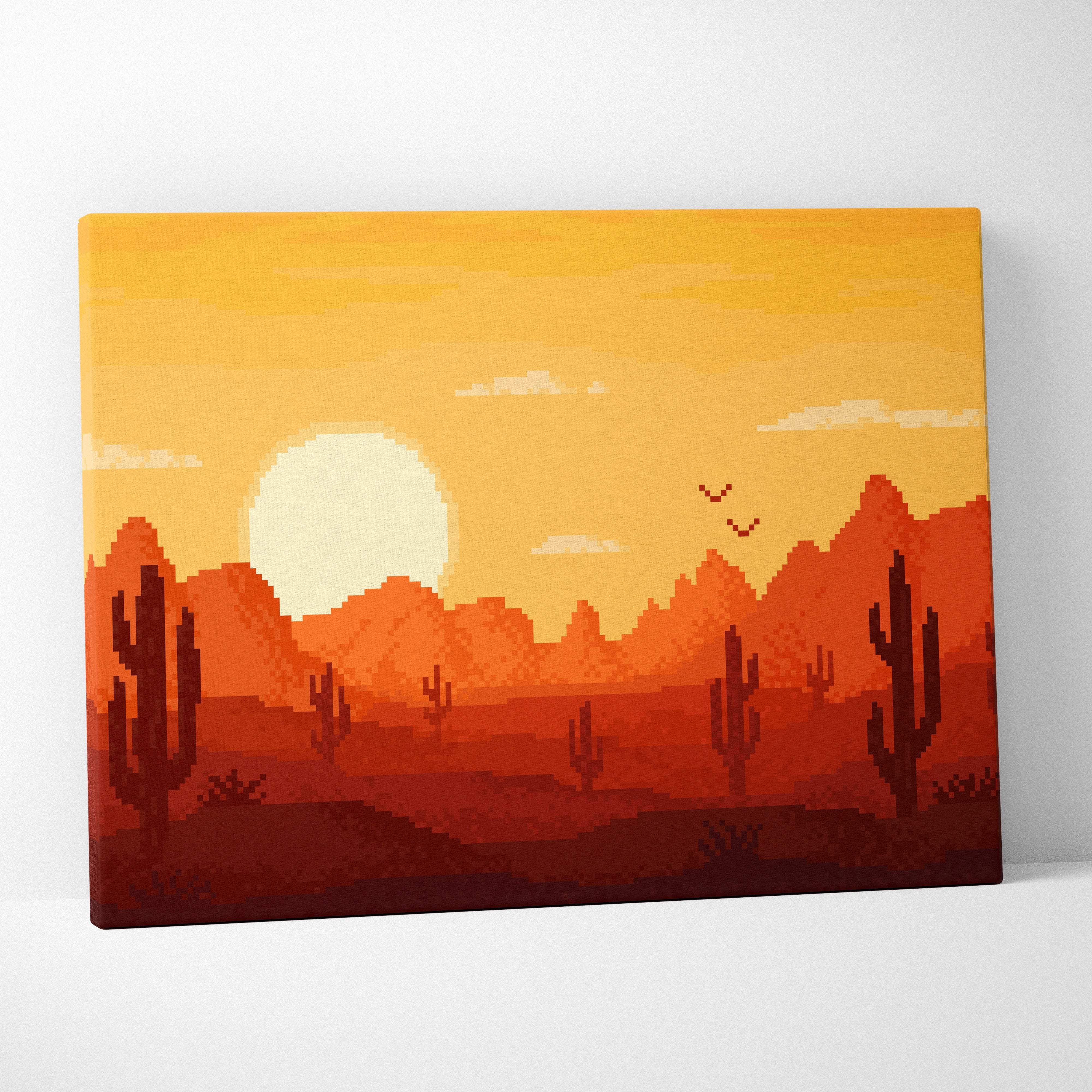 Desert Sunset Pixel Art Canvas Print, Orange Cactus Wall Art, Warm