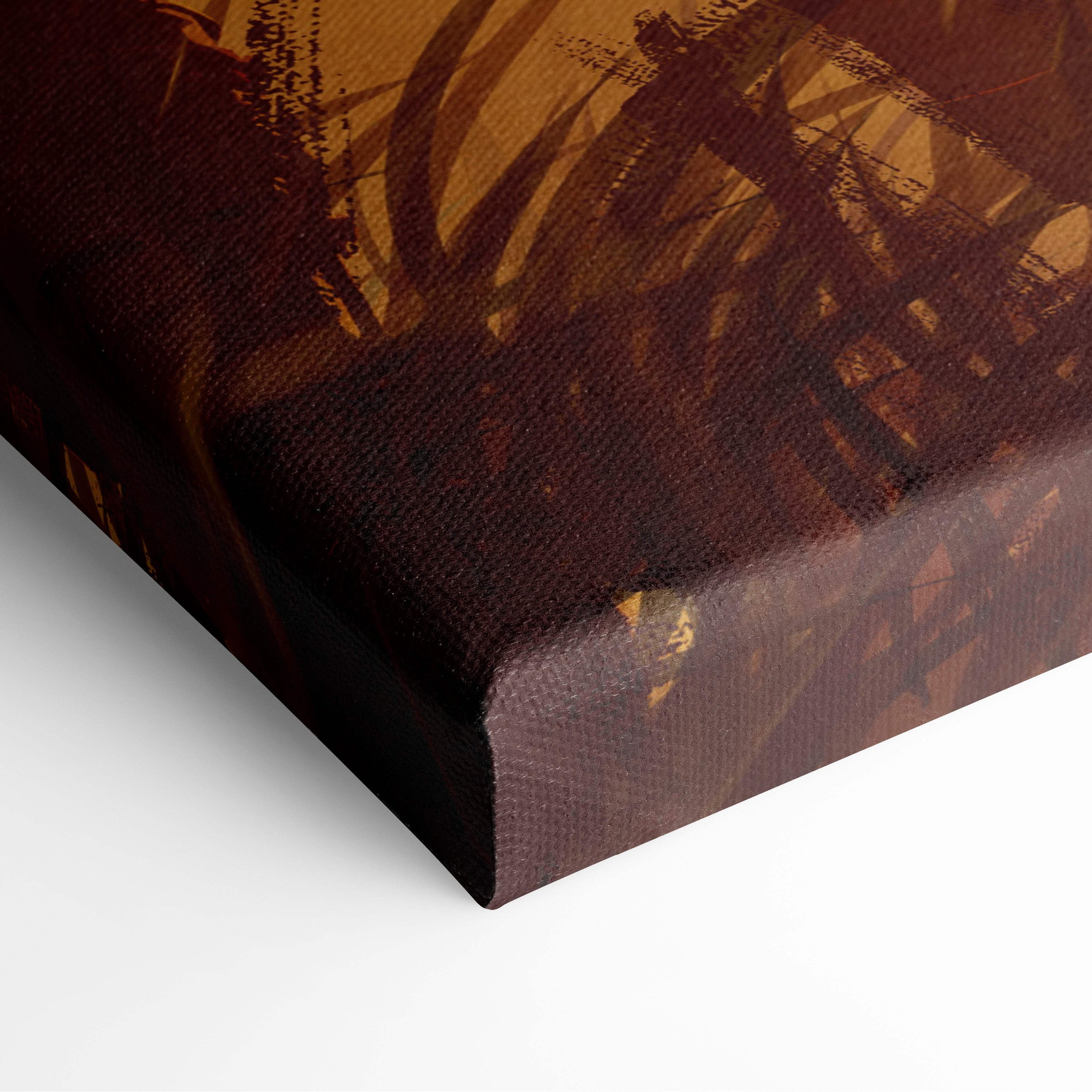 Brown canvas print featuring abstract brushstroke design in warm amber and dark brown for celestial warrior art