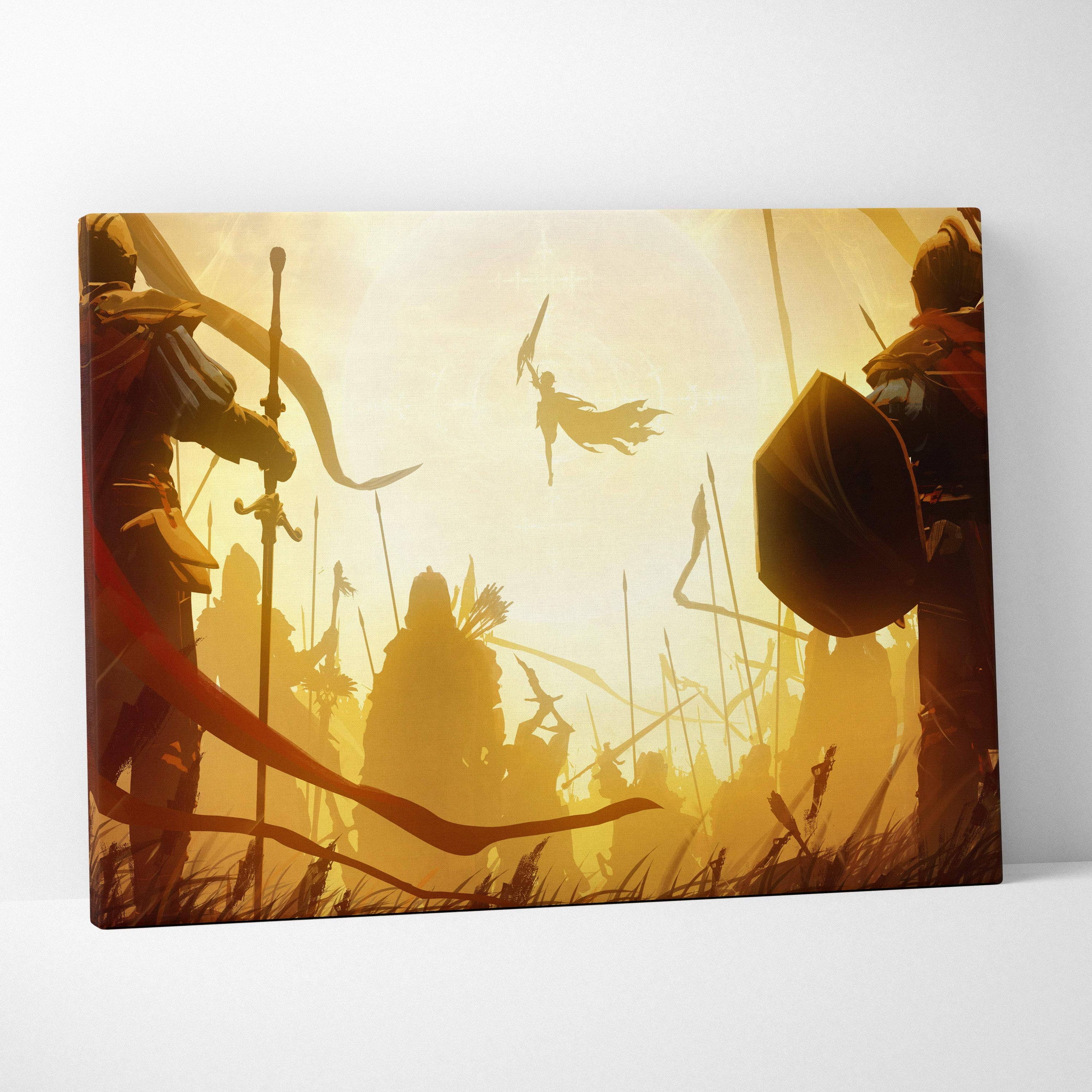 Golden fantasy battle scene canvas art depicting armored warriors and a goddess rising against a sunlit backdrop