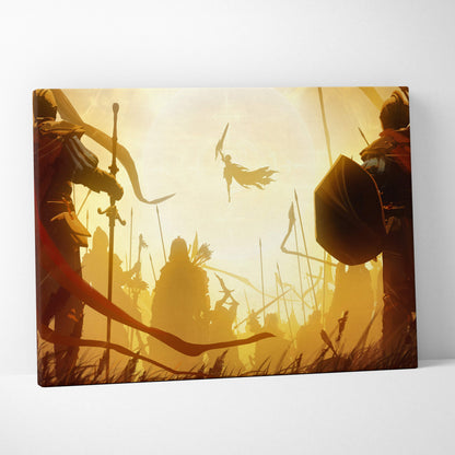 Golden fantasy battle scene canvas art depicting armored warriors and a goddess rising against a sunlit backdrop