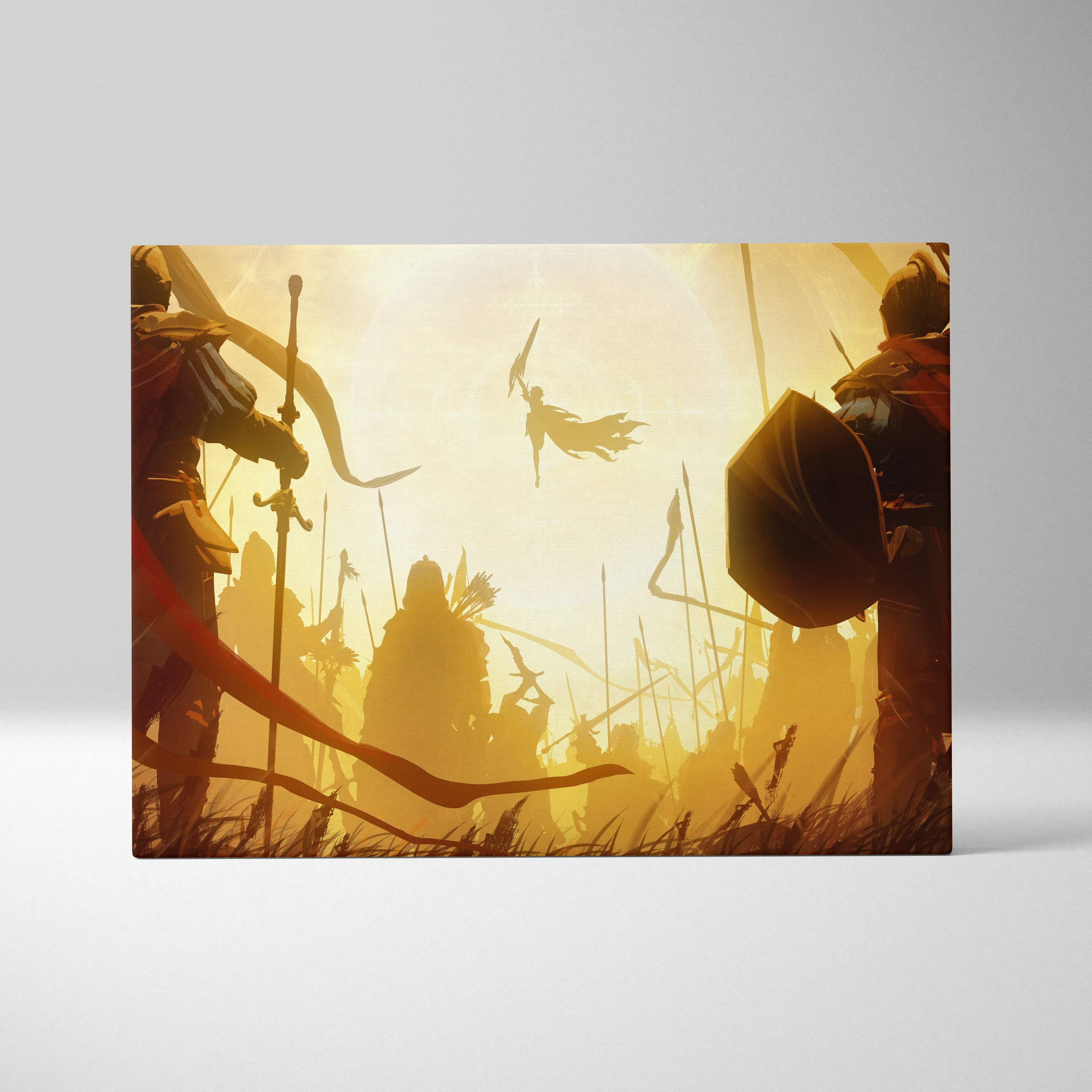 Golden fantasy battle scene canvas art featuring armored warriors and a flying figure against a radiant sky