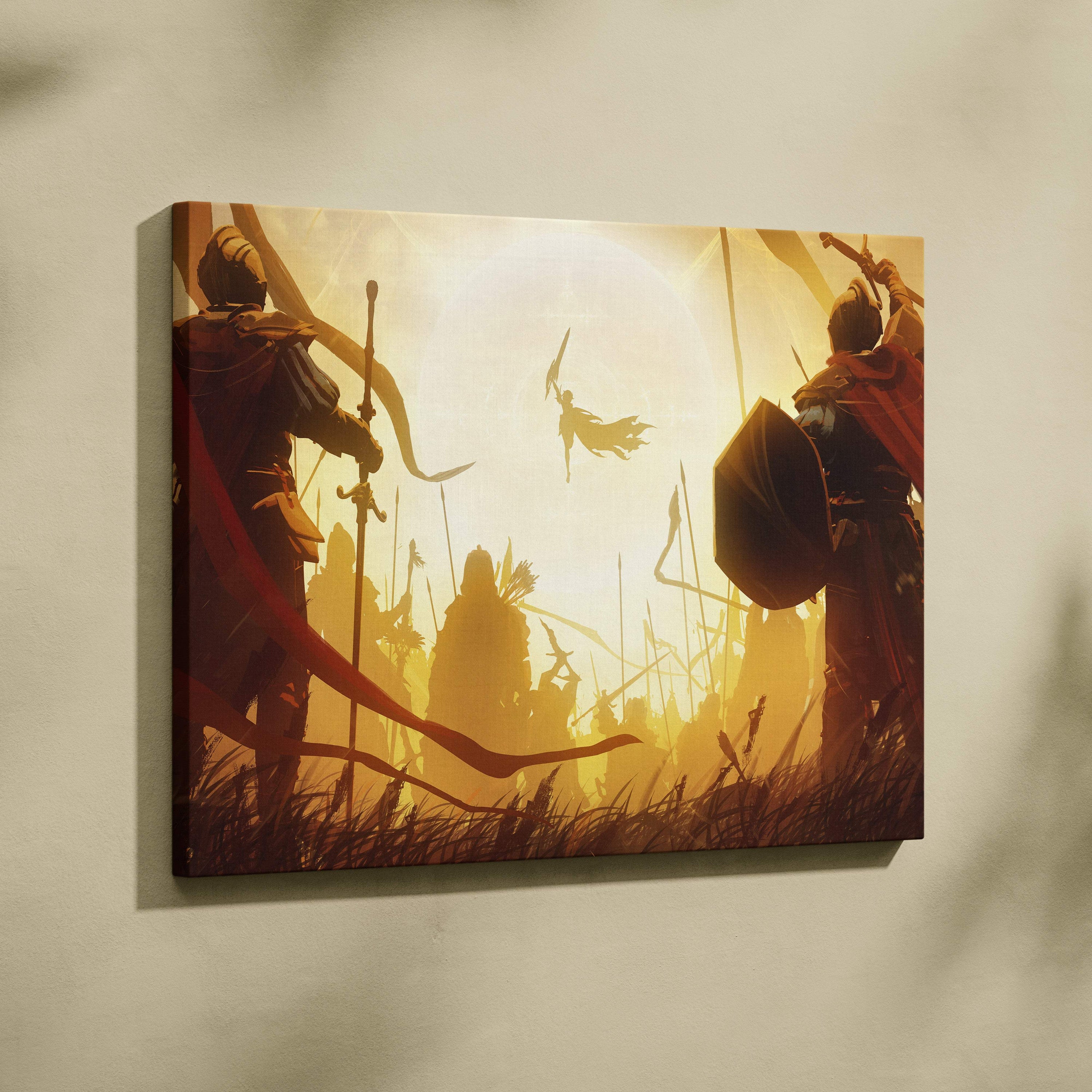 Rectangular canvas print of a golden fantasy medieval battle scene with armored warriors and a divine light goddess rising