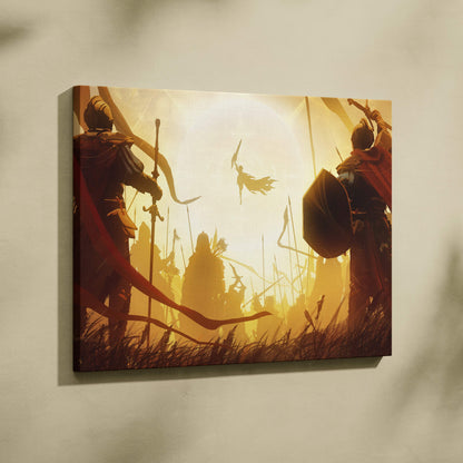 Rectangular canvas print of a golden fantasy medieval battle scene with armored warriors and a divine light goddess rising