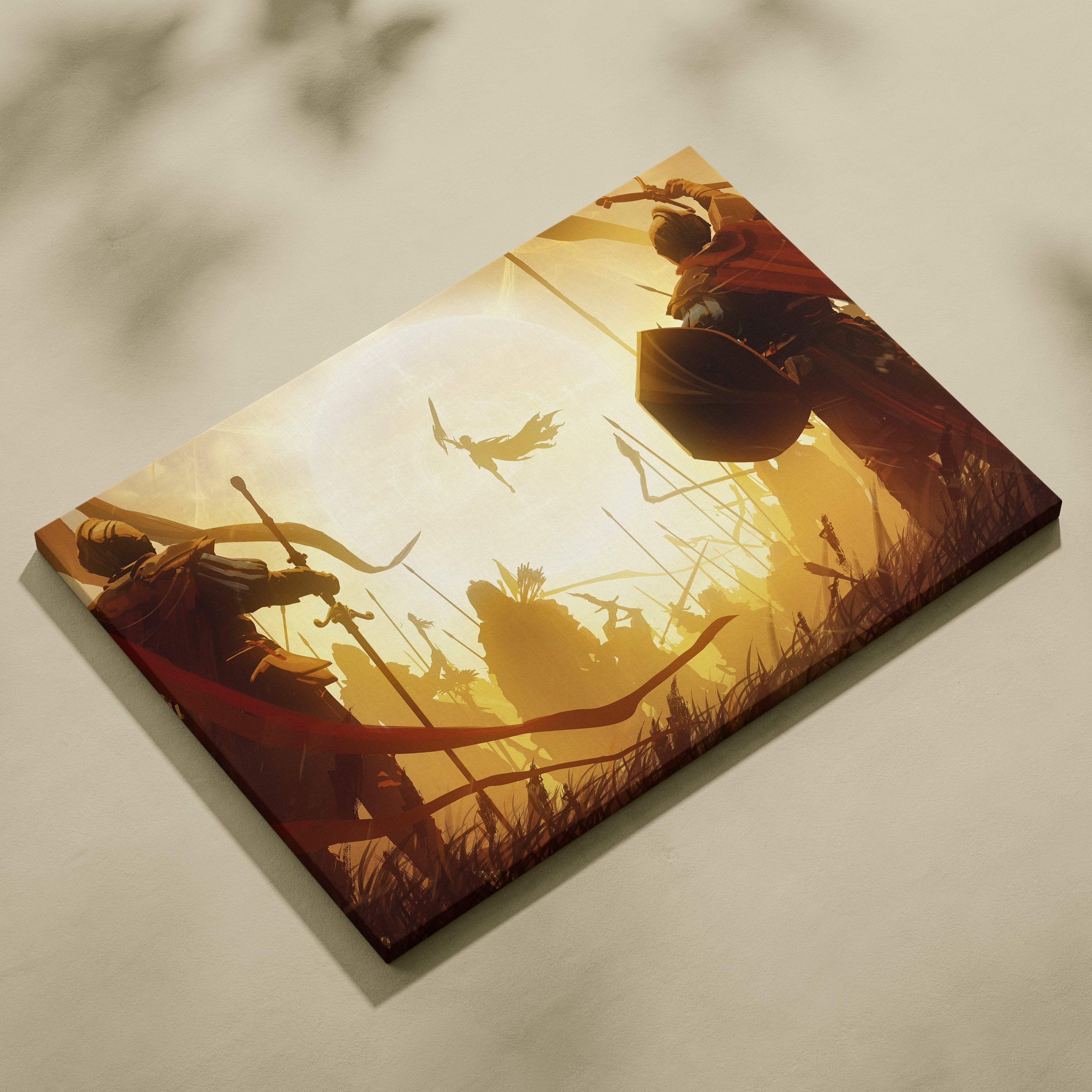 Rectangular canvas print featuring a golden fantasy battle scene with silhouetted medieval warriors and birds in flight