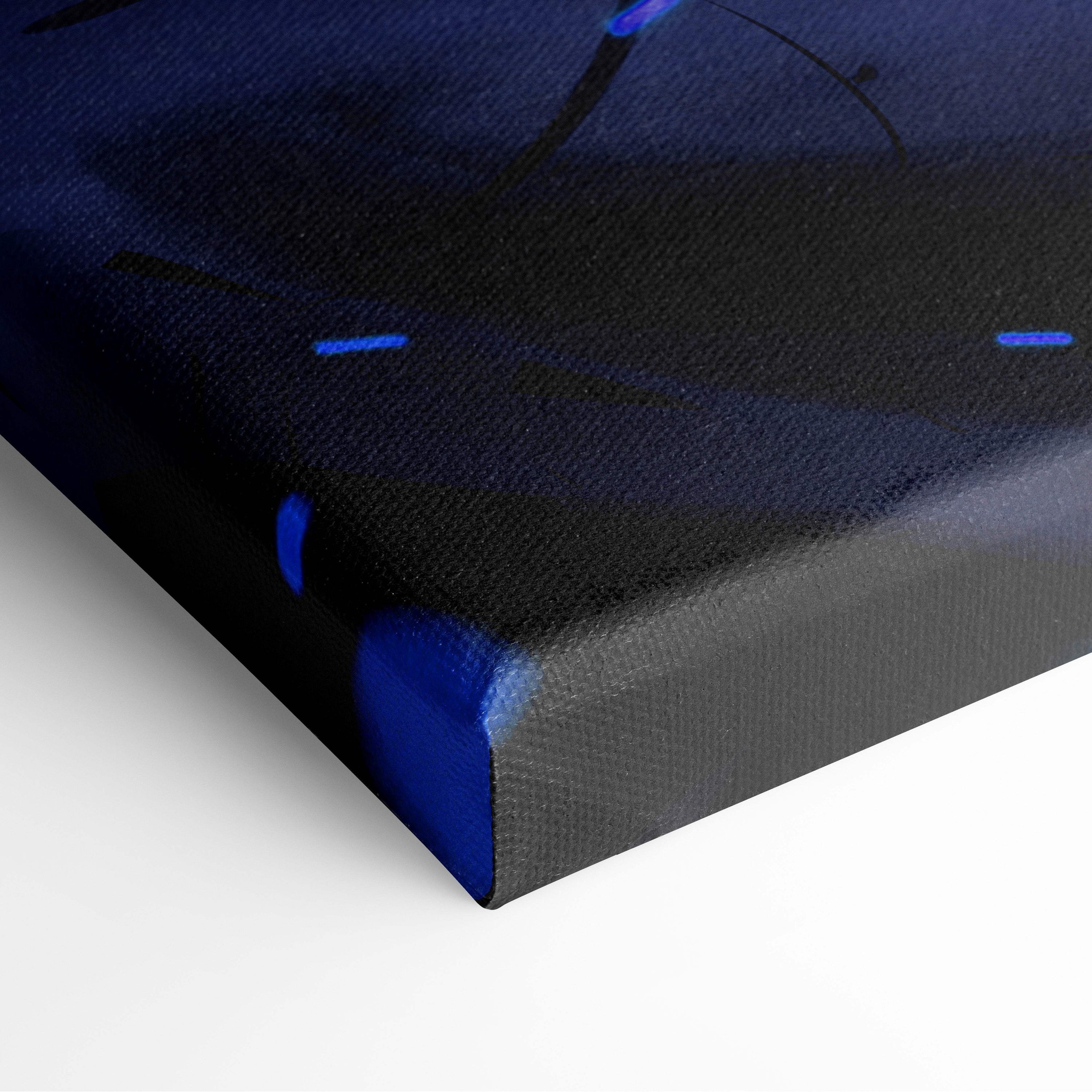 Black canvas print with abstract electric blue splatters and lines for thunder hammer warrior anime wall decor