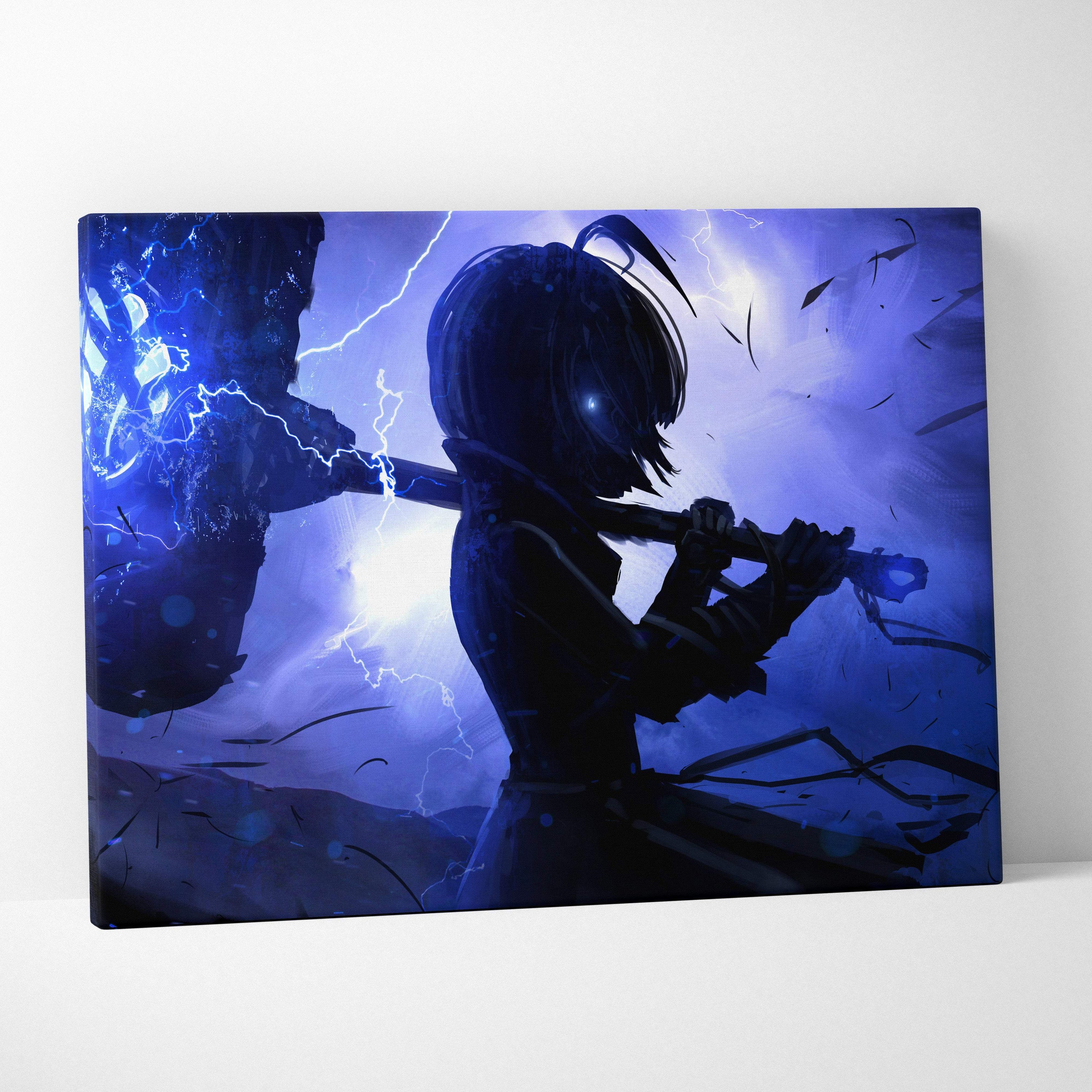 Blue-toned canvas print of anime girl wielding glowing hammer with stormy backdrop thunder hammer warrior art