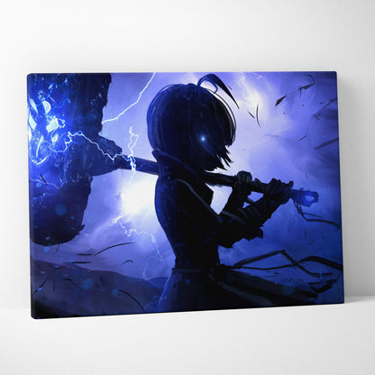 Blue-toned canvas print of anime girl wielding glowing hammer with stormy backdrop thunder hammer warrior art