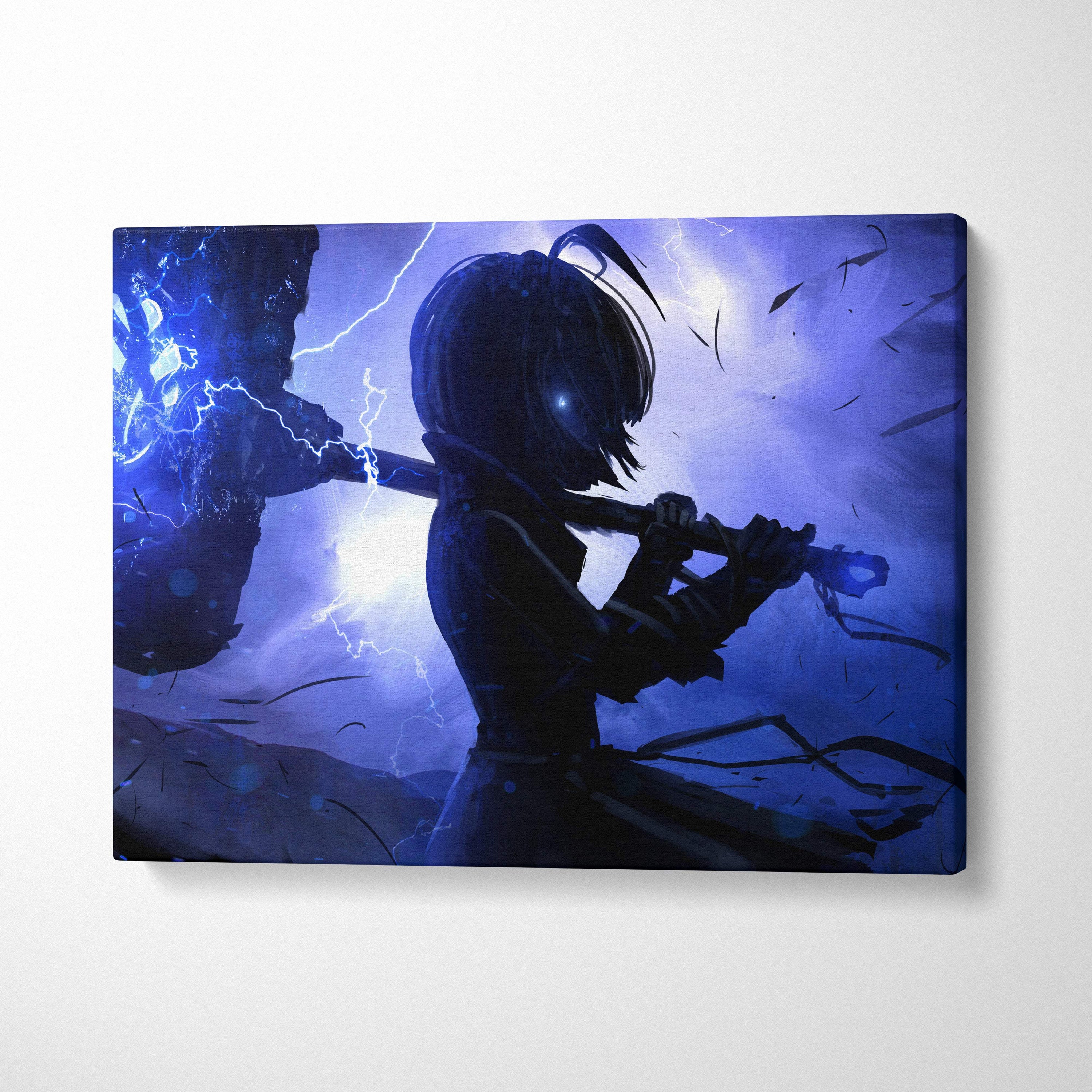 Blue-toned canvas print of anime-style electric blue lightning girl wielding glowing hammer against stormy backdrop