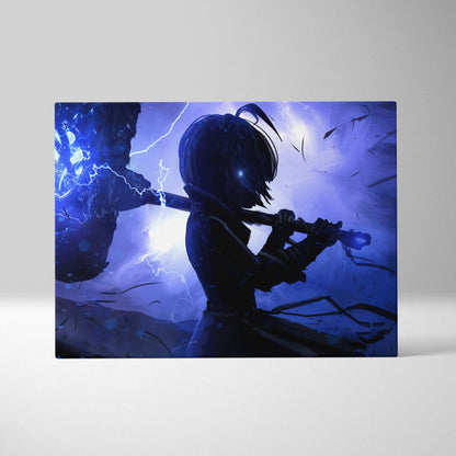 Blue-toned anime style canvas print featuring a glowing hammer wielding silhouette against a stormy backdrop