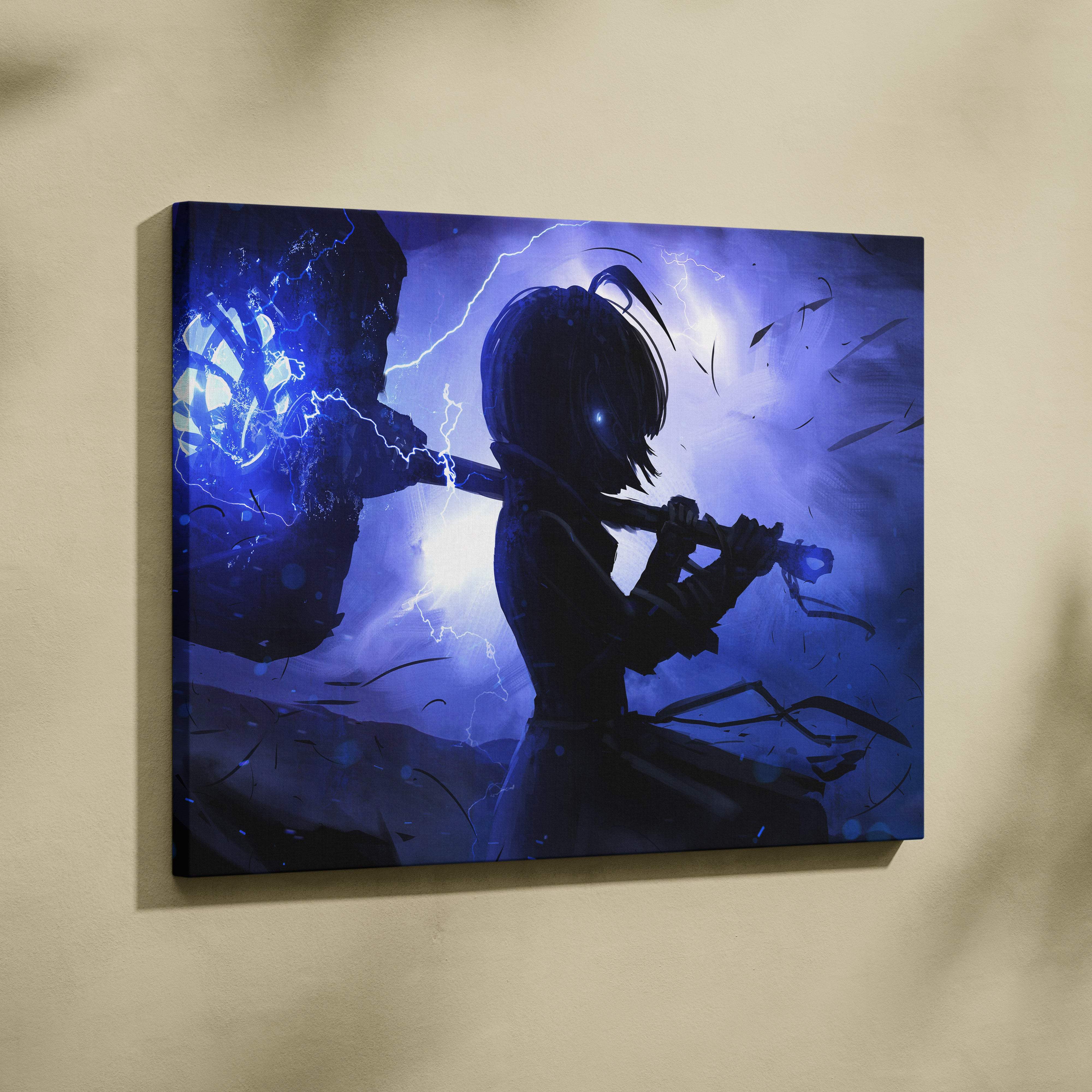 Blue-toned anime canvas art of a silhouette wielding a glowing hammer with electric blue lightning background
