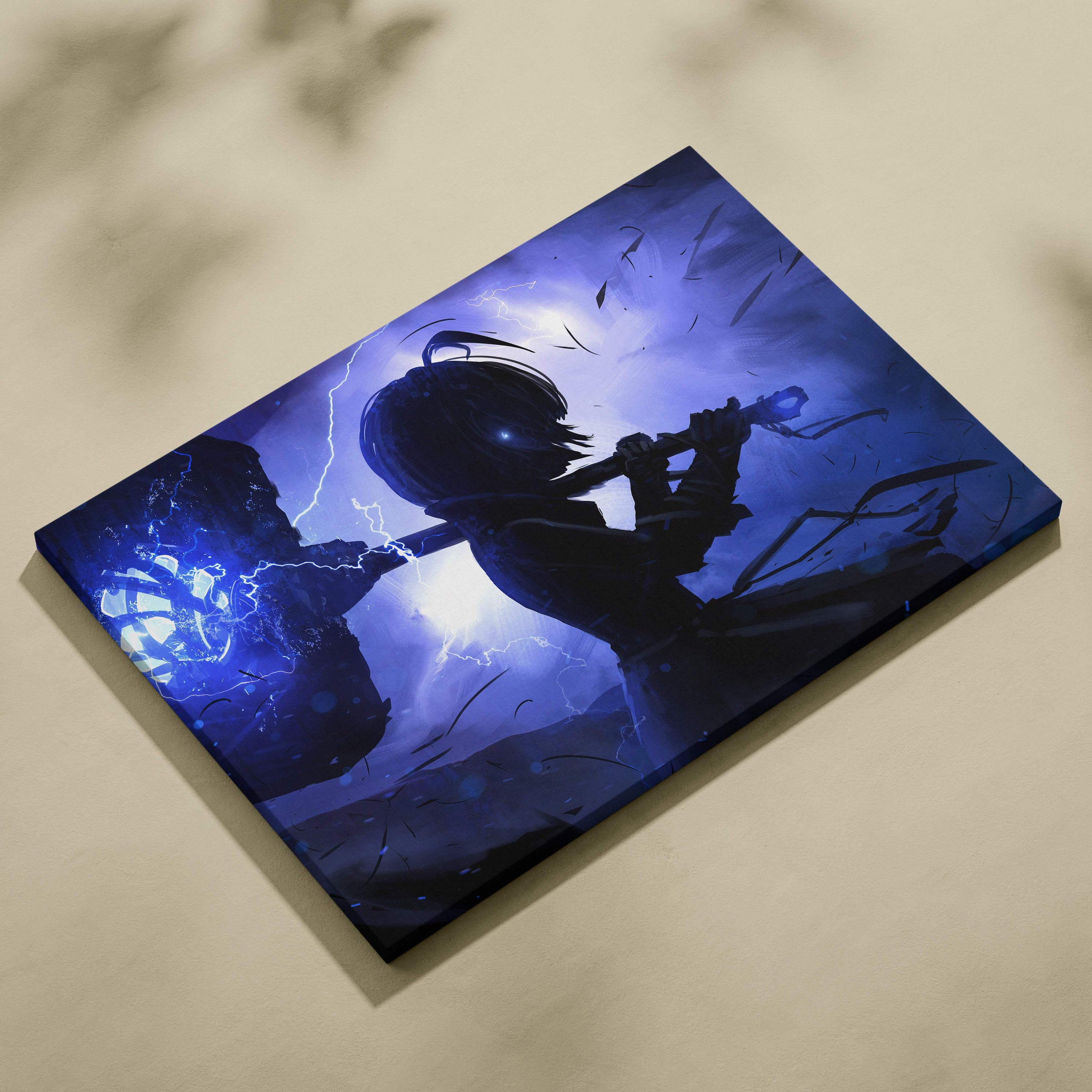 Blue canvas print of stylized anime character silhouette with electric blue lightning and storm energy glow wall decor