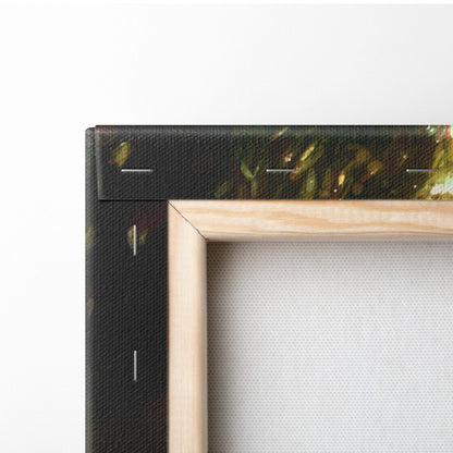 Light-colored wooden frame forest spirit archer canvas art with black border green and gold brushstrokes for wall decor