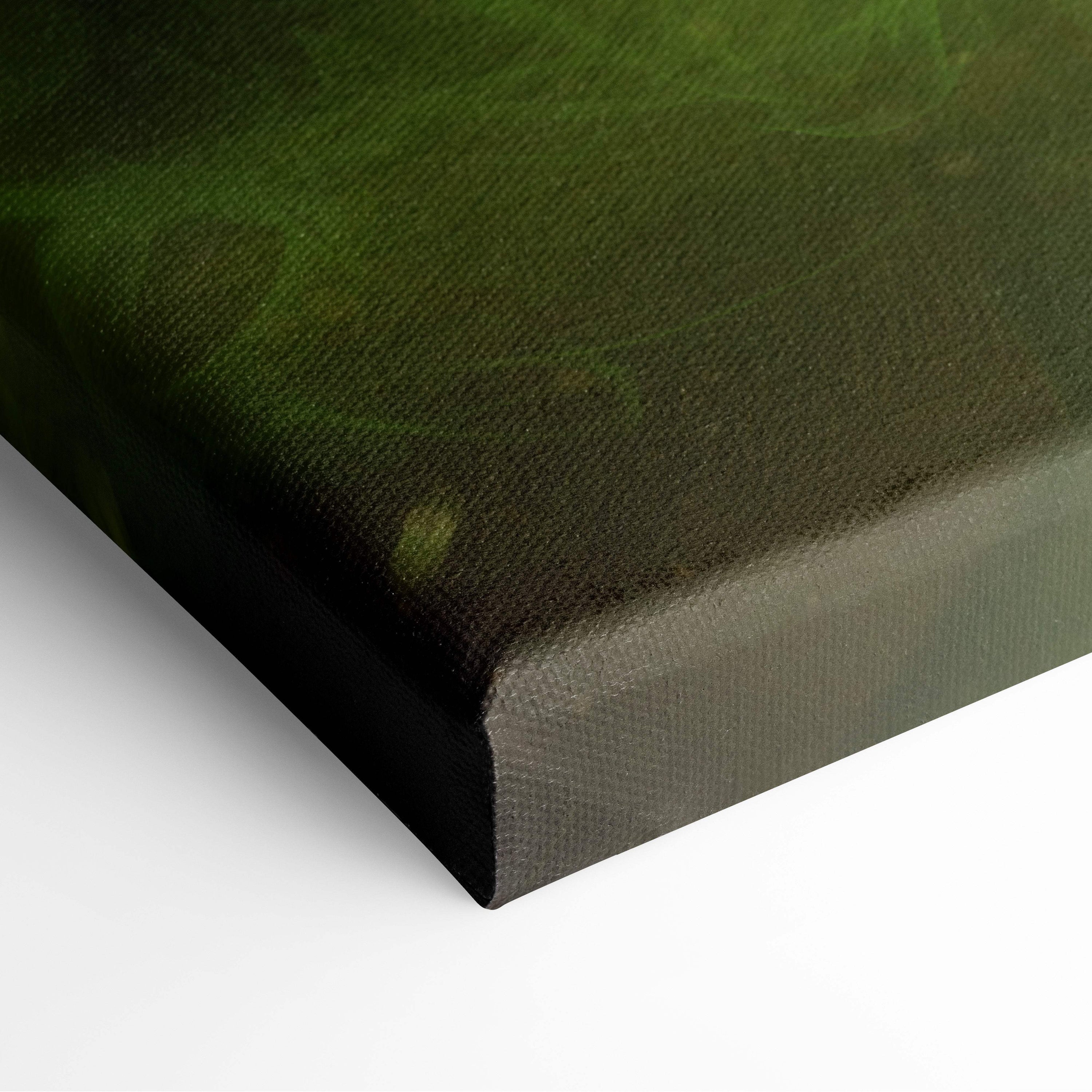 Forest spirit archer canvas art with textured green surface and black frame featuring emerald fantasy goddess design
