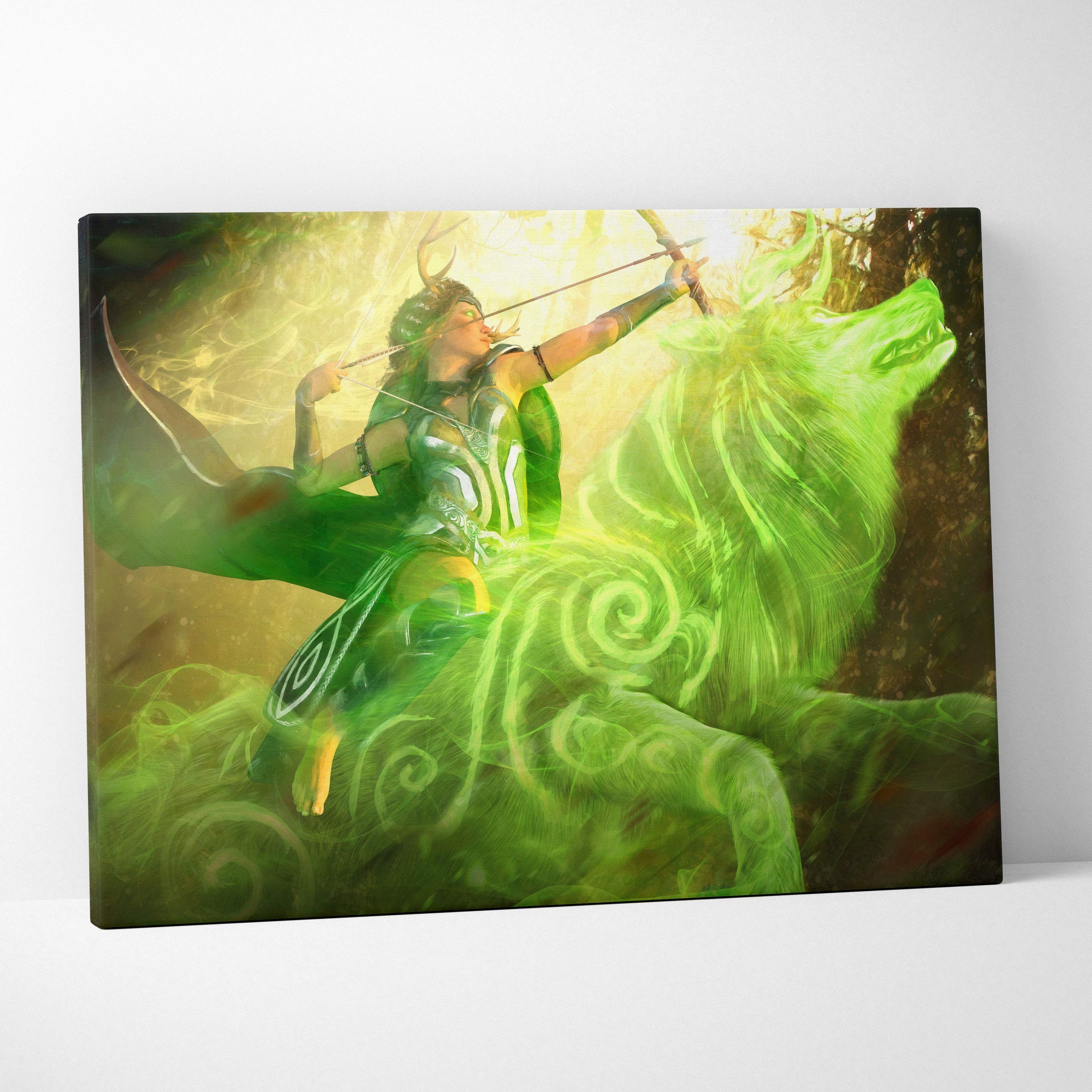 Green fantasy canvas art featuring a warrior on a glowing green spectral horse for epic wall decor
