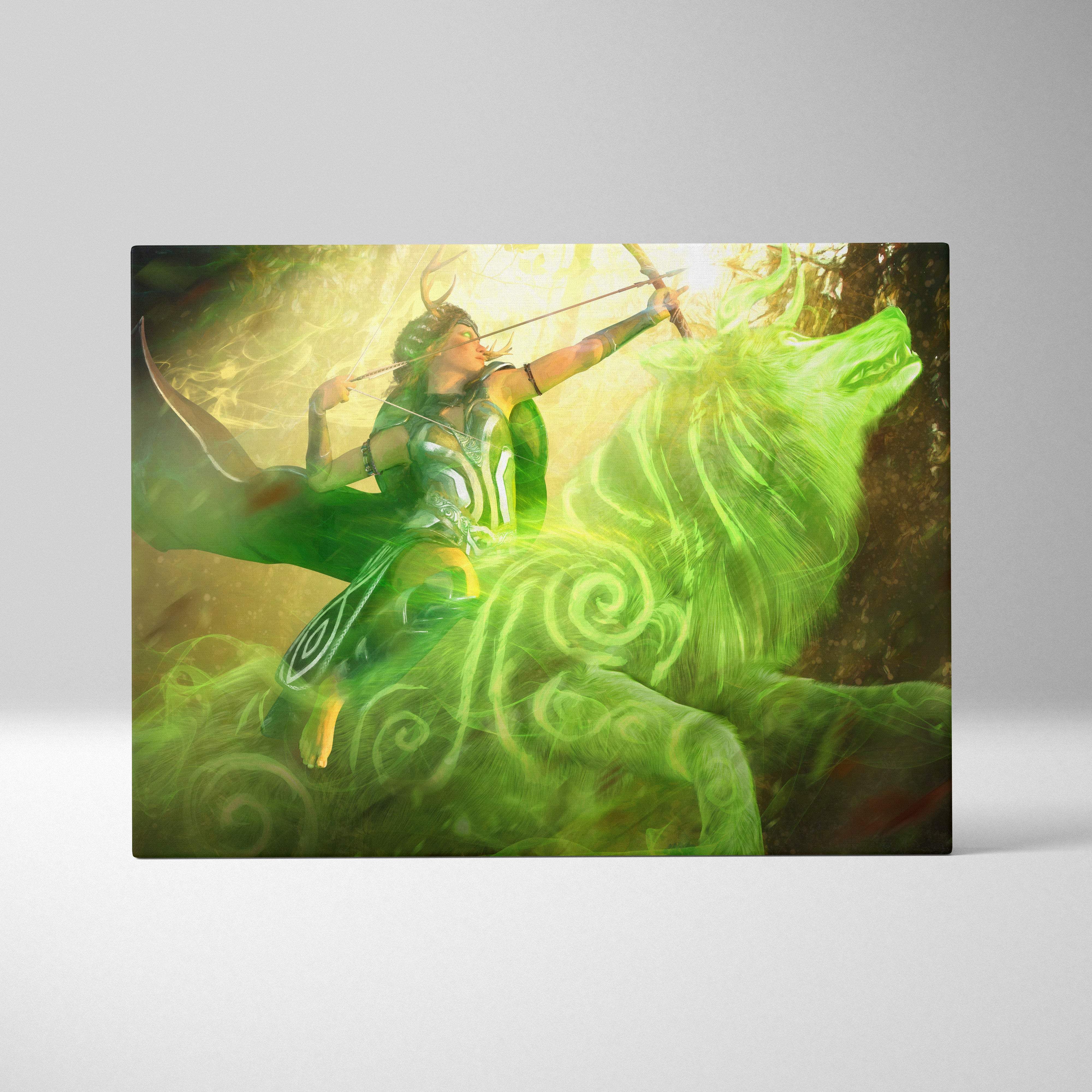 Forest spirit archer canvas art featuring vibrant green fantasy goddess riding a glowing spiraled wolf creature