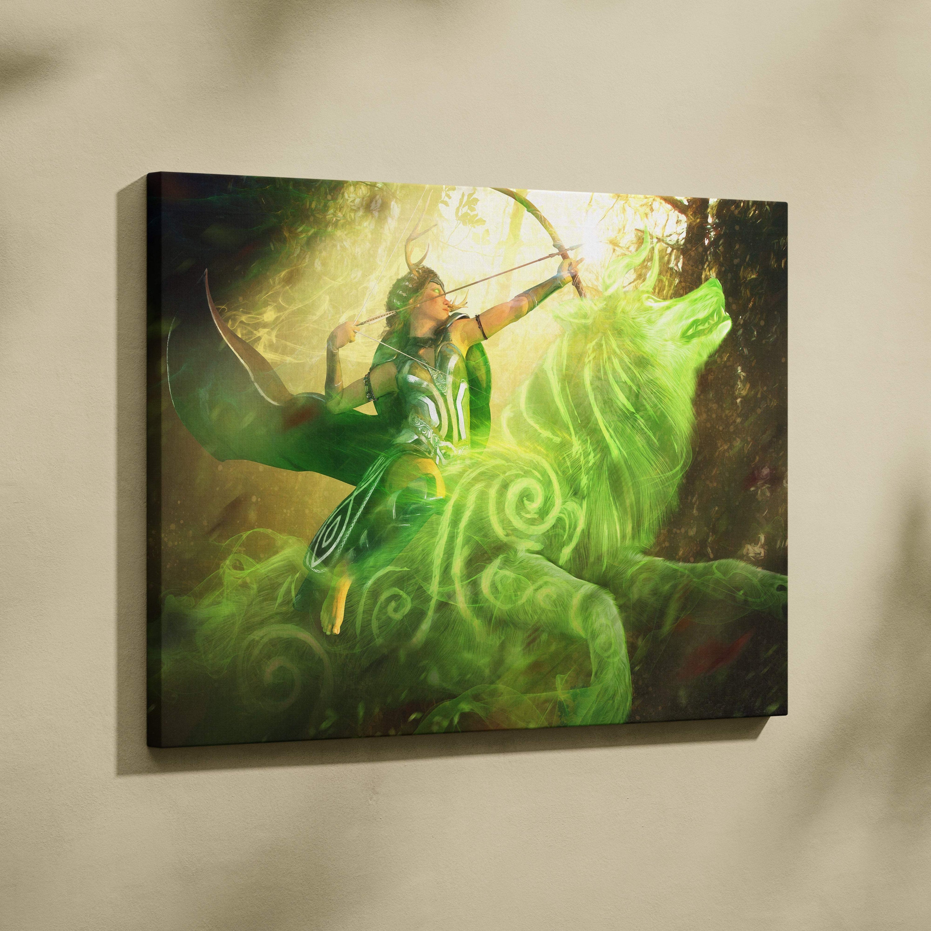 Forest spirit archer canvas art featuring a glowing green lion warrior in emerald fantasy style for wall decor