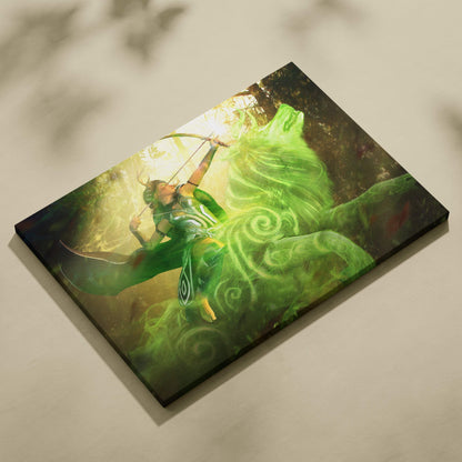 A vibrant green fantasy canvas print of a warrior archer in metallic armor with magical energy for wall decor